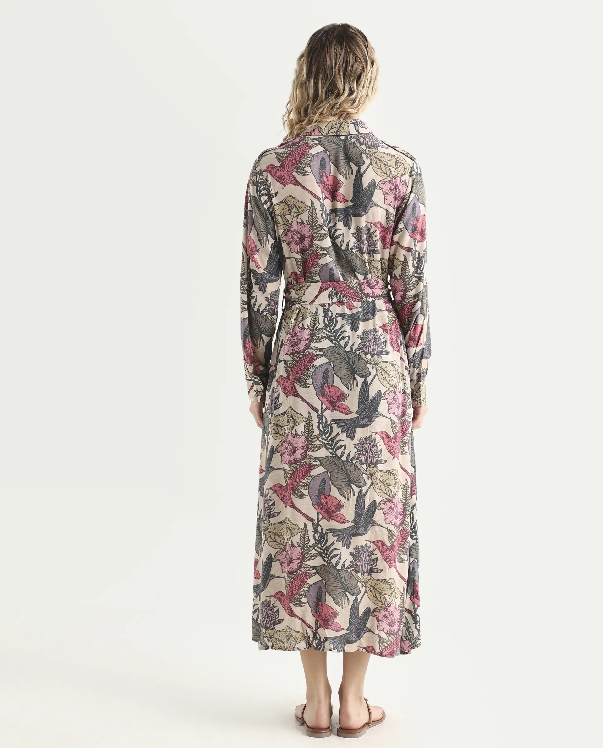 Rareism Women's Korean Multi Moroccan Crepe Drop Collar Abstract Print Cuffed Sleeve Maxi Fit And Flare Dress - Image 7