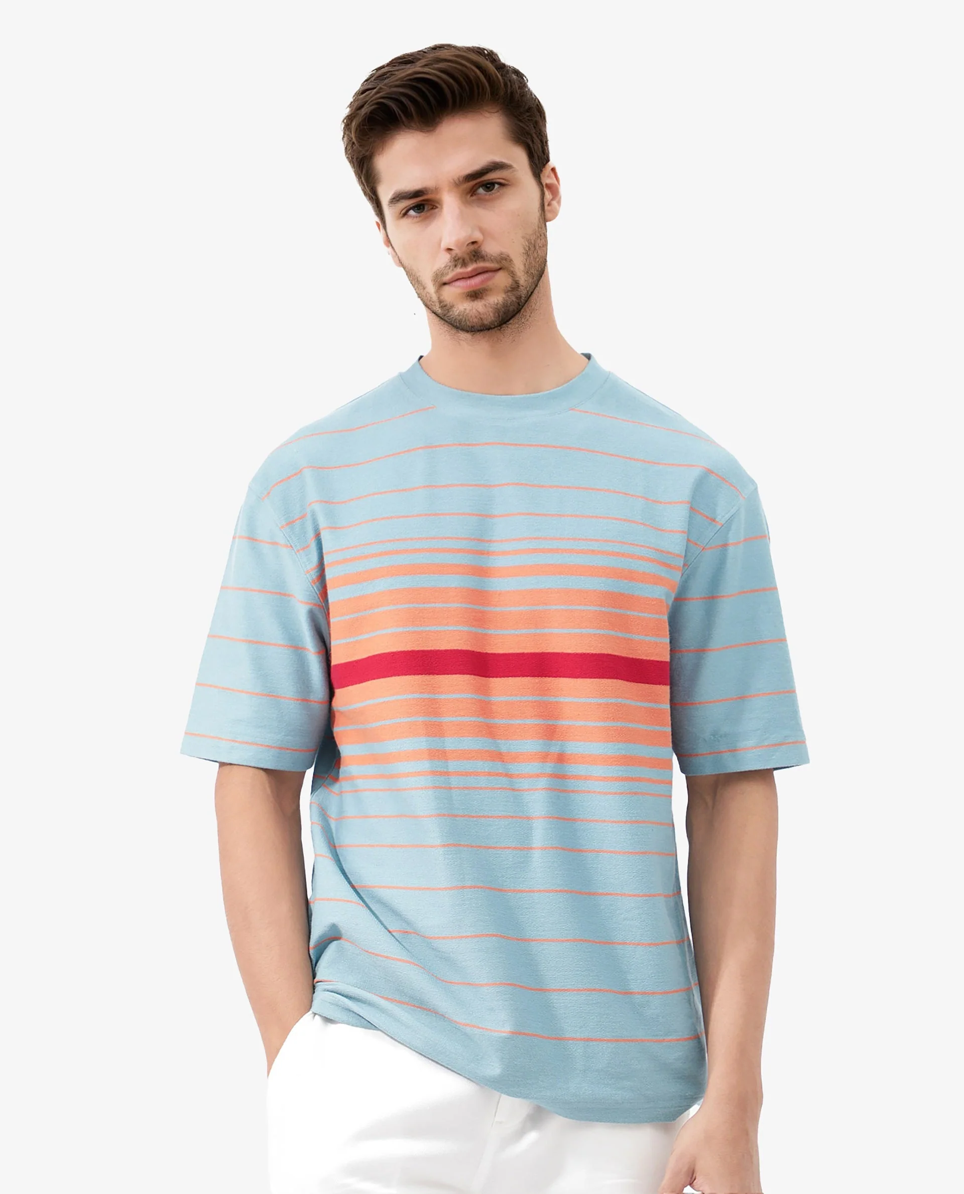 Rare Rabbit Men's Kot Dusky Blue Cotton Striped Print Oversized Fit Half Sleeve Crew Neck T-Shirt