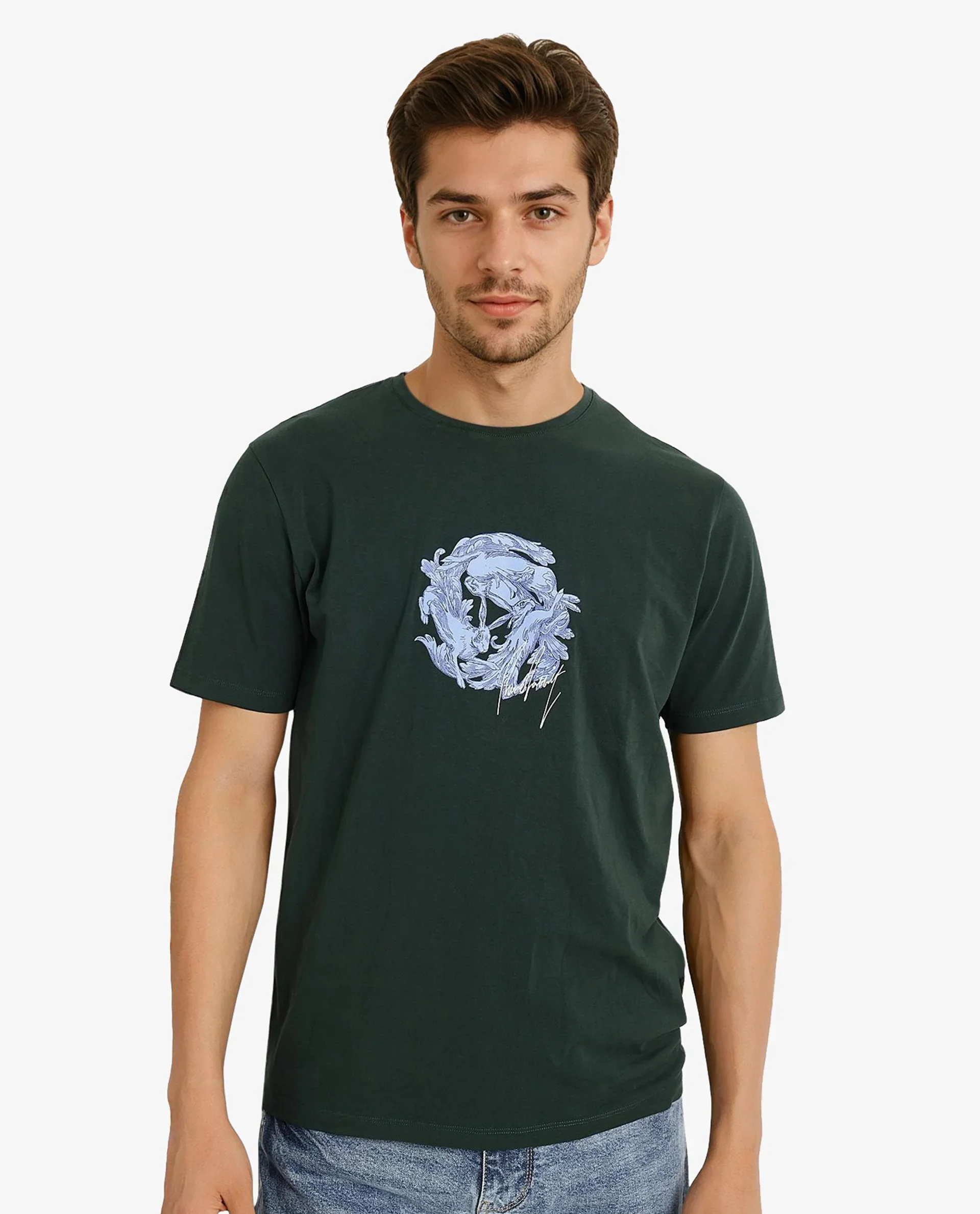 Rare Rabbit Men's Kowl Dark Green Cotton Graphic Print Regular Fit Half Sleeve Crew Neck T-Shirt