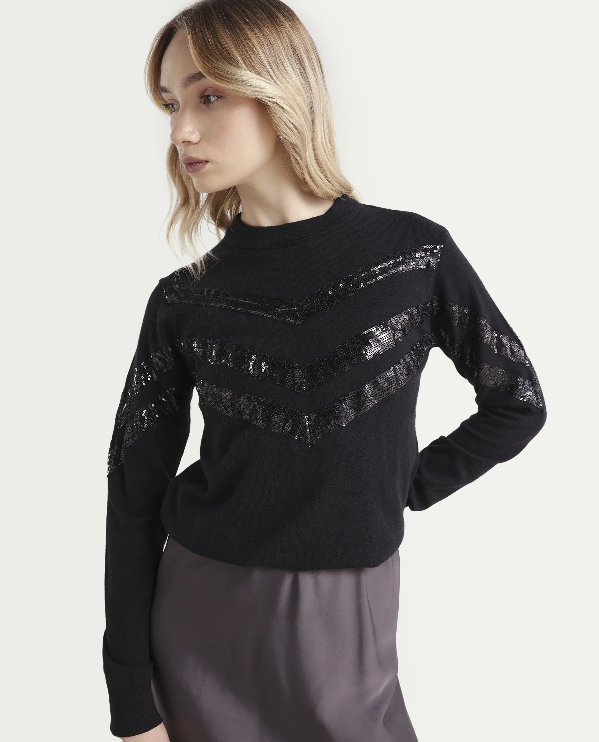 Rareism Women's Kran Black Viscose Crew Neck Embellished Regular Fit Sweater