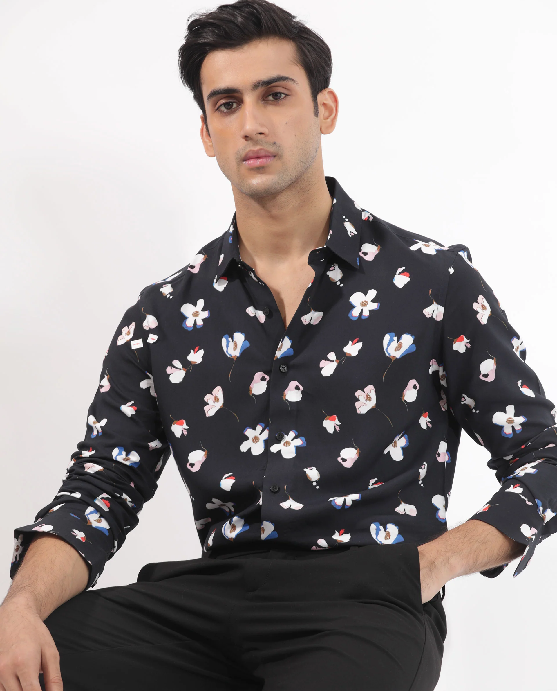Rare Rabbit Men's Kraz Black Cotton Floral Print Regular Fit Full Sleeve Collared Shirt