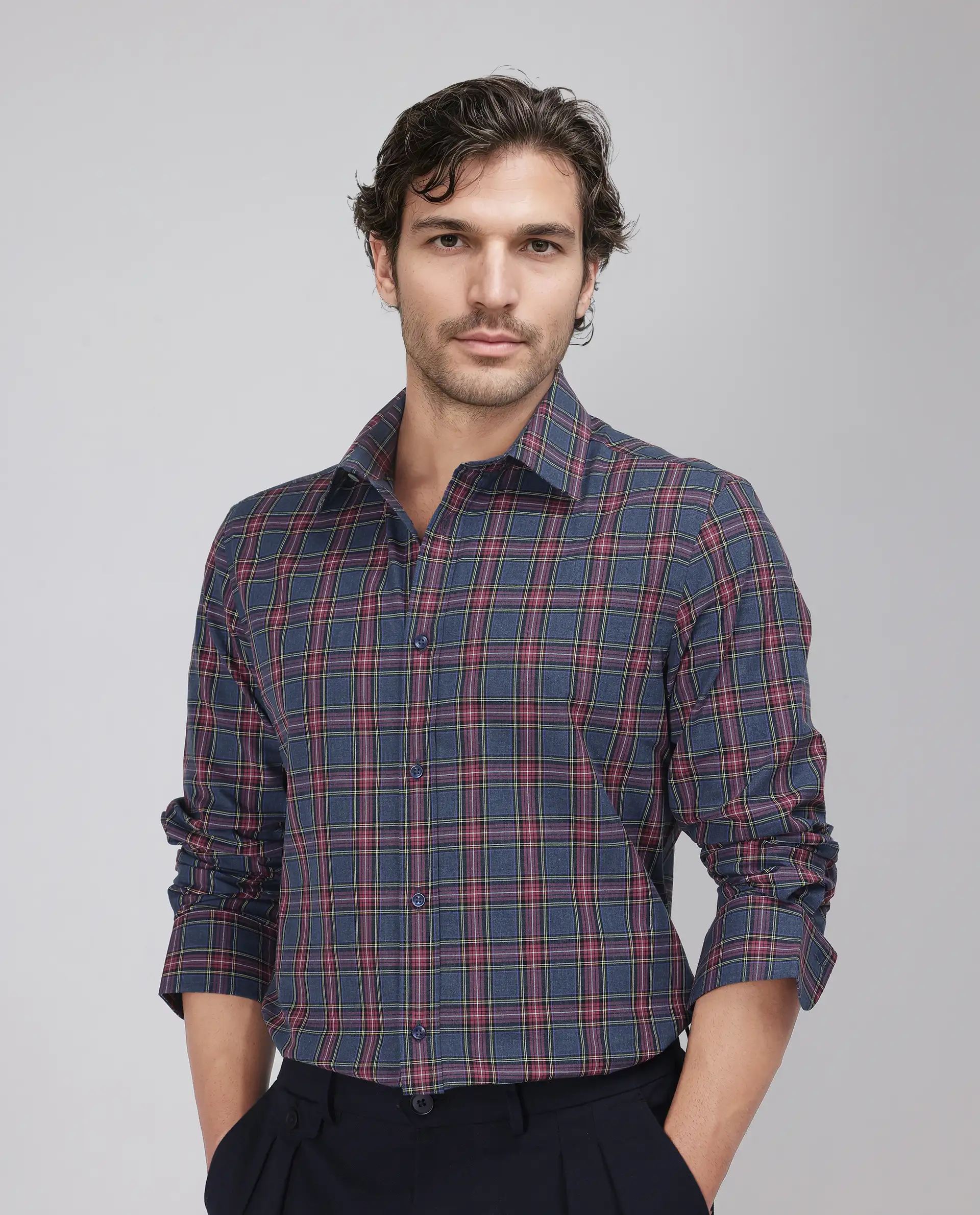 Rare Rabbit Men's Krob Dark Blue Cotton Checked Print Regular Fit Full Sleeve Collared Shirt