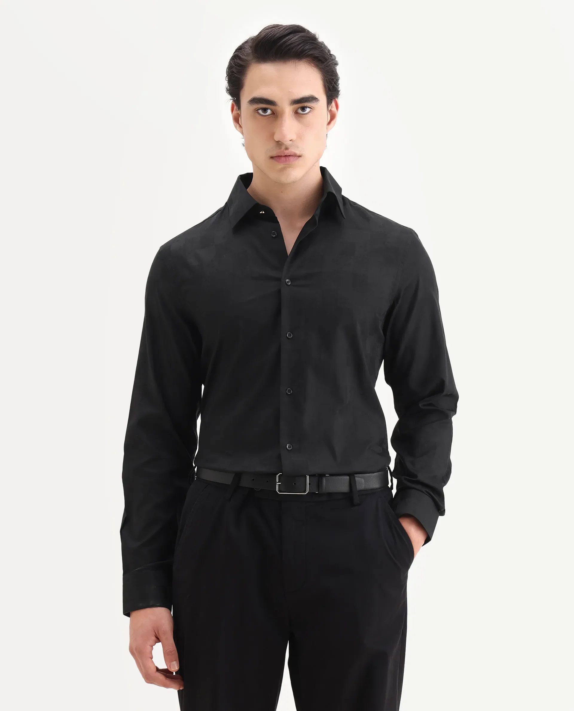 Rare Rabbit Men's Kufi Black Cotton Fabric Collared Neck Regular Fit Checks Shirt