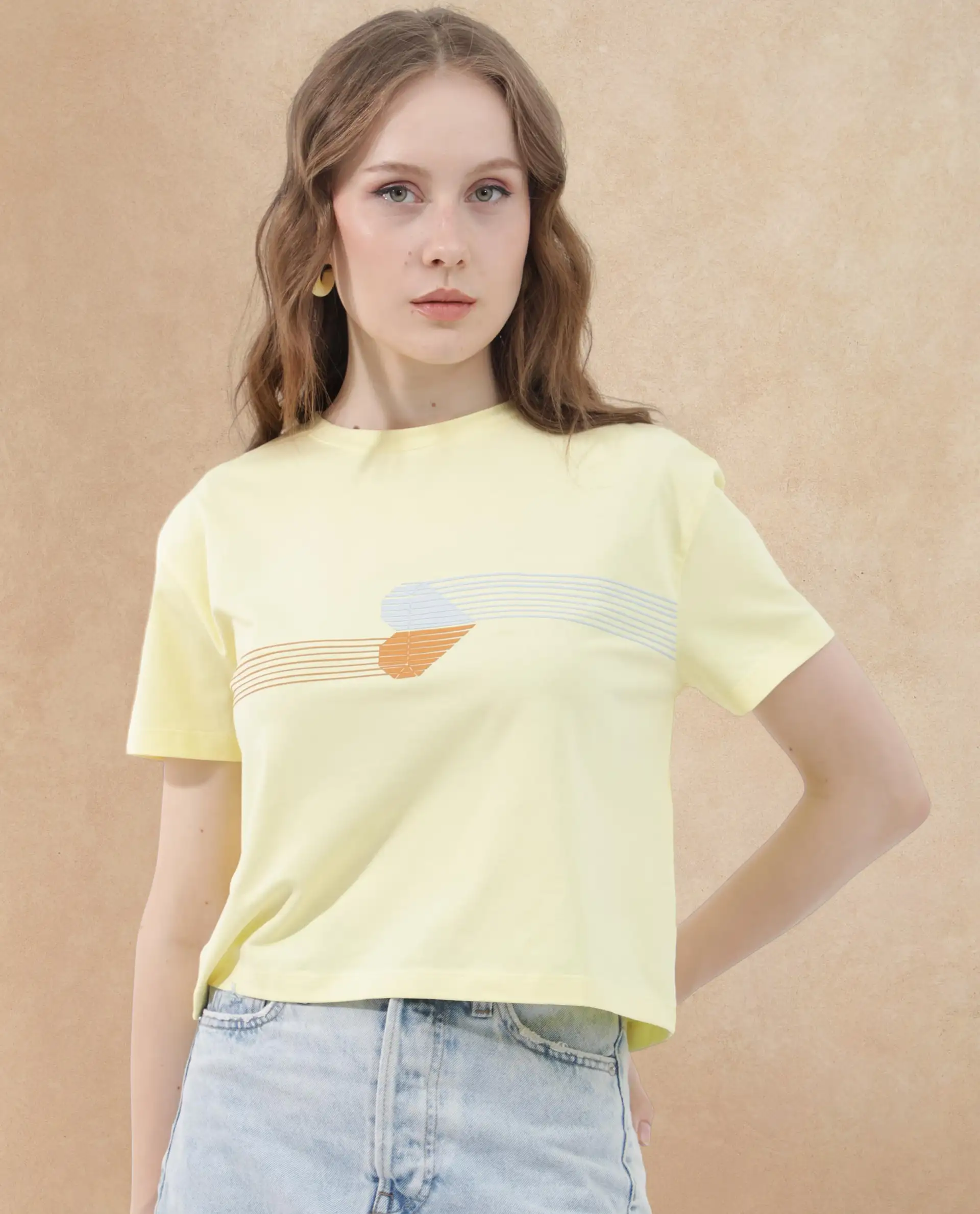 Rareism Women's Kuncro Yellow Cotton Blend Crew Neck Graphic Print Crop Regular Fit T-Shirt