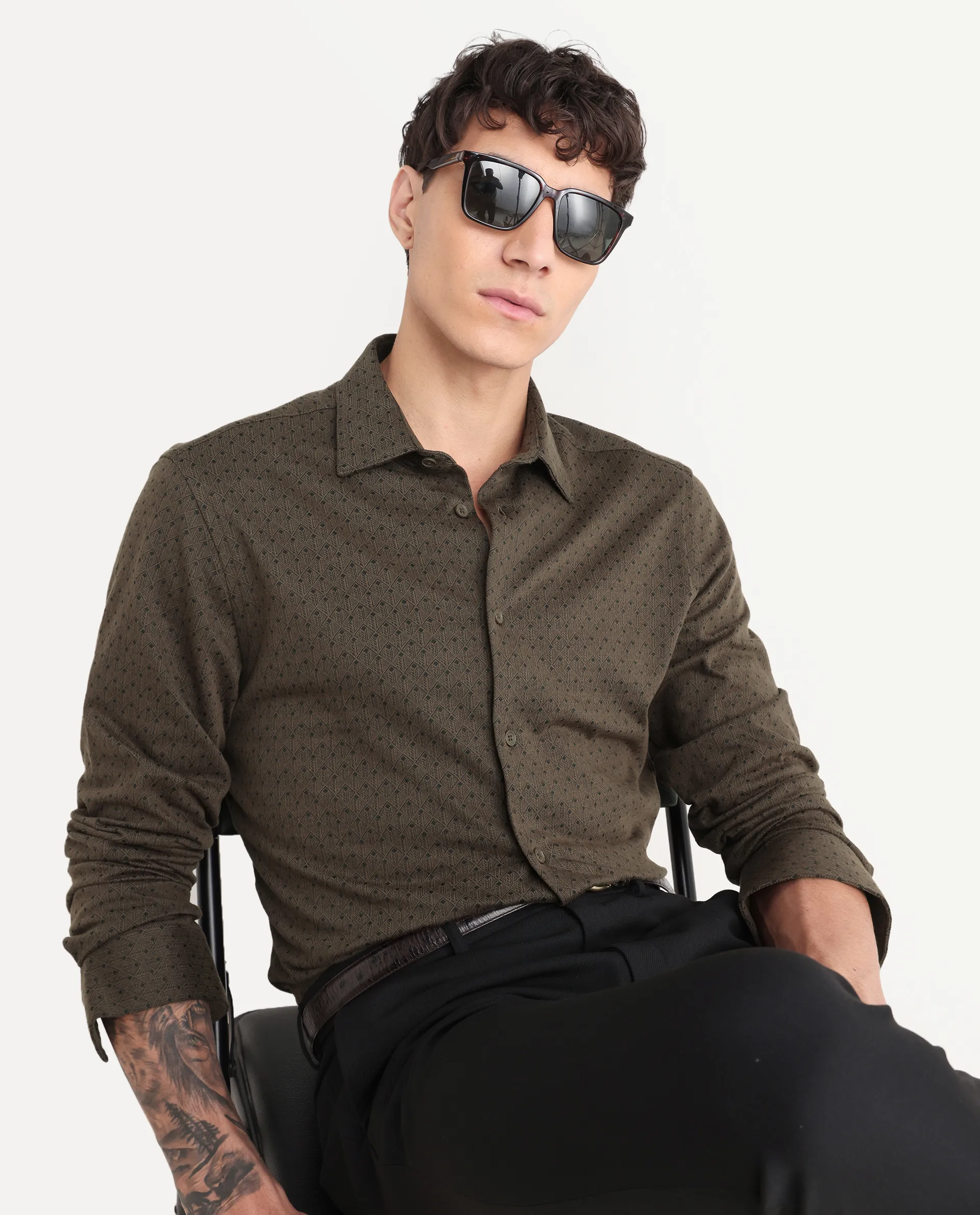 Rare Rabbit Men's Kupo Brown Cotton Geometric Print Regular Fit Full Sleeve Collared Shirt - Image 6