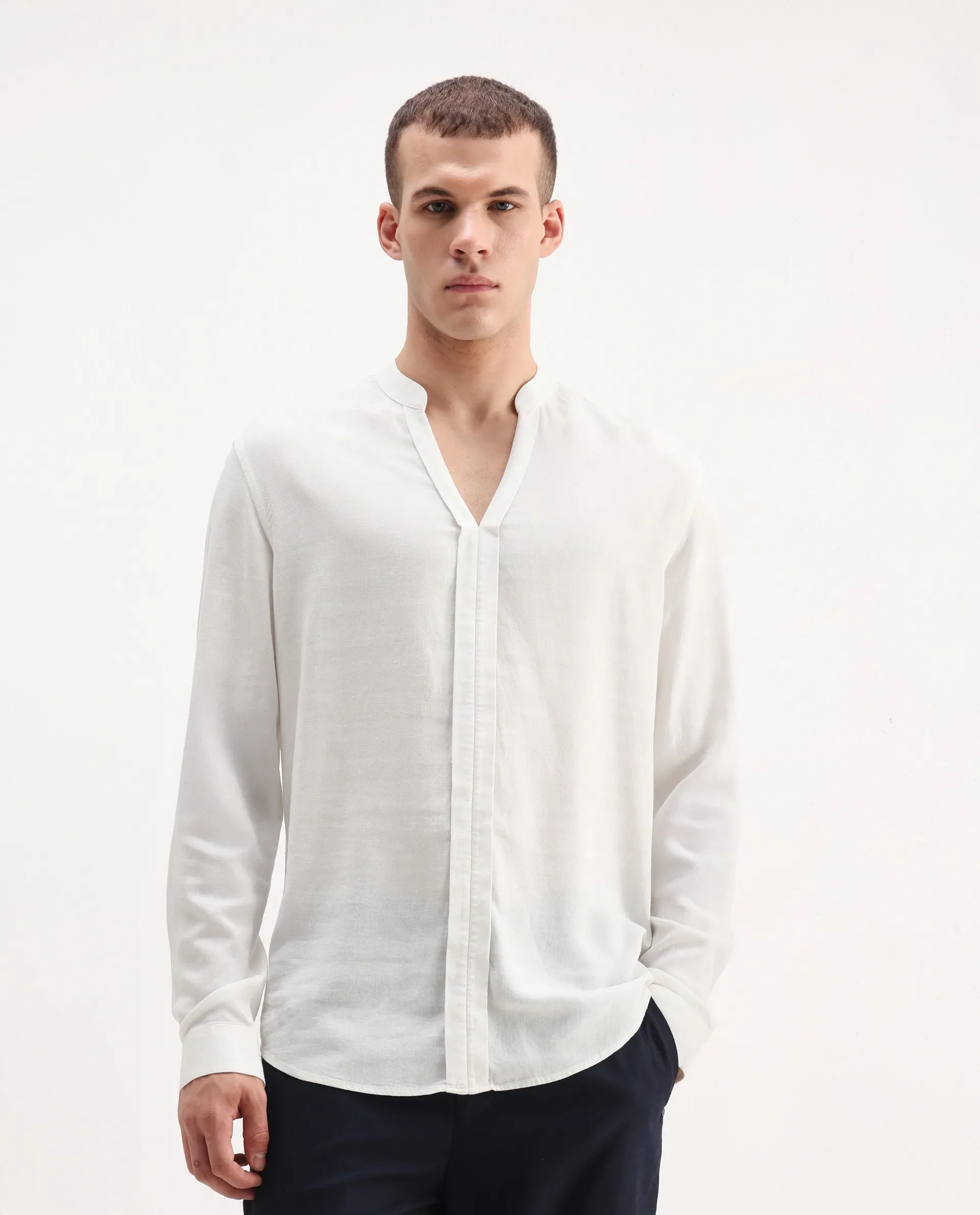 Rare Rabbit Men's Kurto 25 White Linen Blend Plain Regular Fit Full Sleeve Mandarin Collar Shirt - Image 5