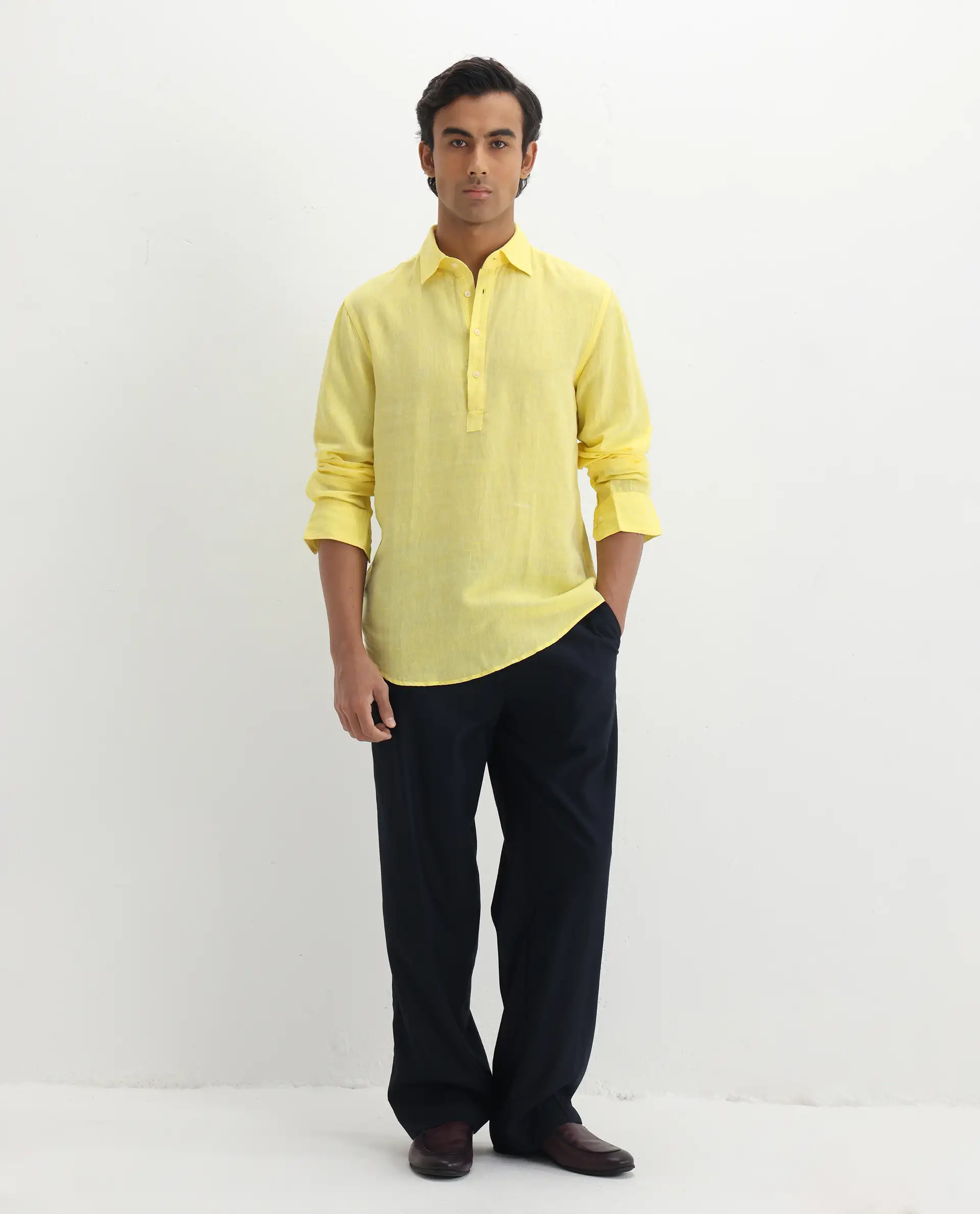 Rare Rabbit Men's Kurl Light Yellow 100% Linen Fabric Full Sleeves Collared Neck Button Closure Plain Shirt - Image 2