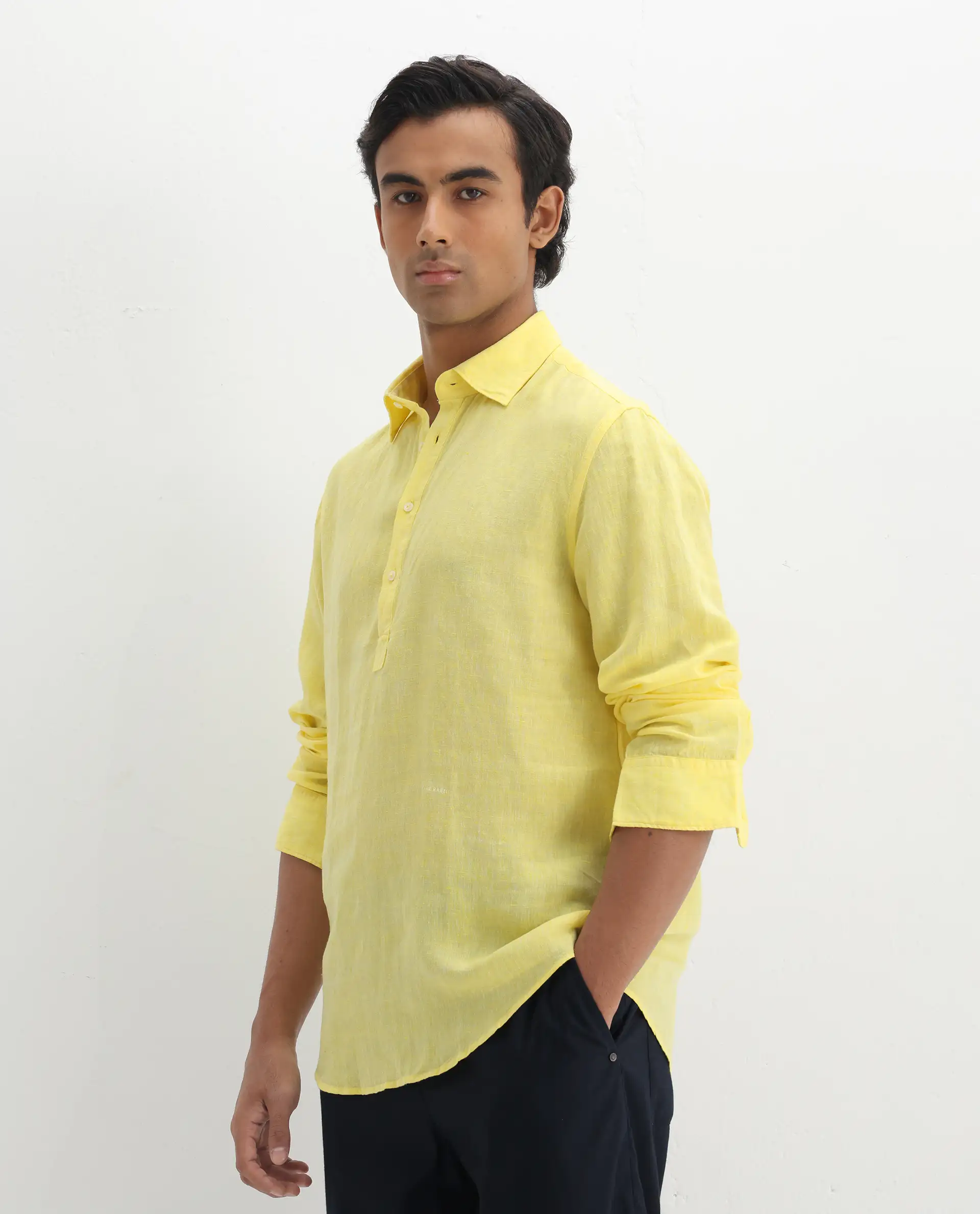 Rare Rabbit Men's Kurl Light Yellow 100% Linen Fabric Full Sleeves Collared Neck Button Closure Plain Shirt - Image 7