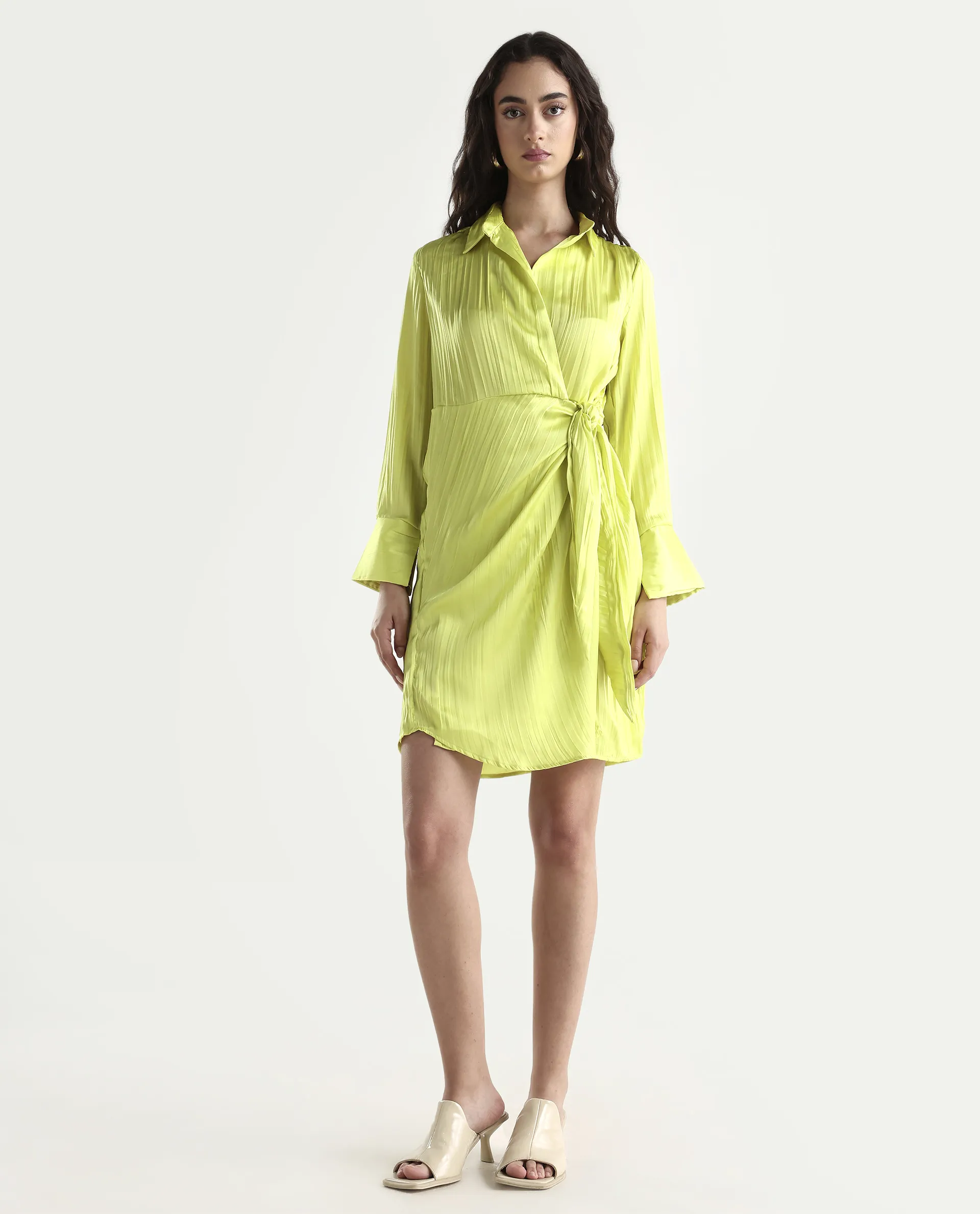 Rareism Women's Ladimir Flouroscent Green Polyester Blend Spread Collar Plain Cuffed Sleeve Mini Wrap Dress - Image 2