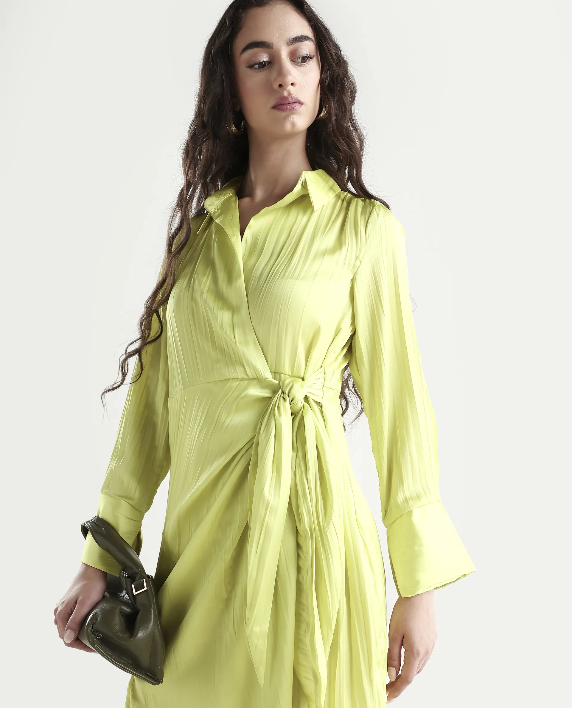 Rareism Women's Ladimir Flouroscent Green Polyester Blend Spread Collar Plain Cuffed Sleeve Mini Wrap Dress - Image 3