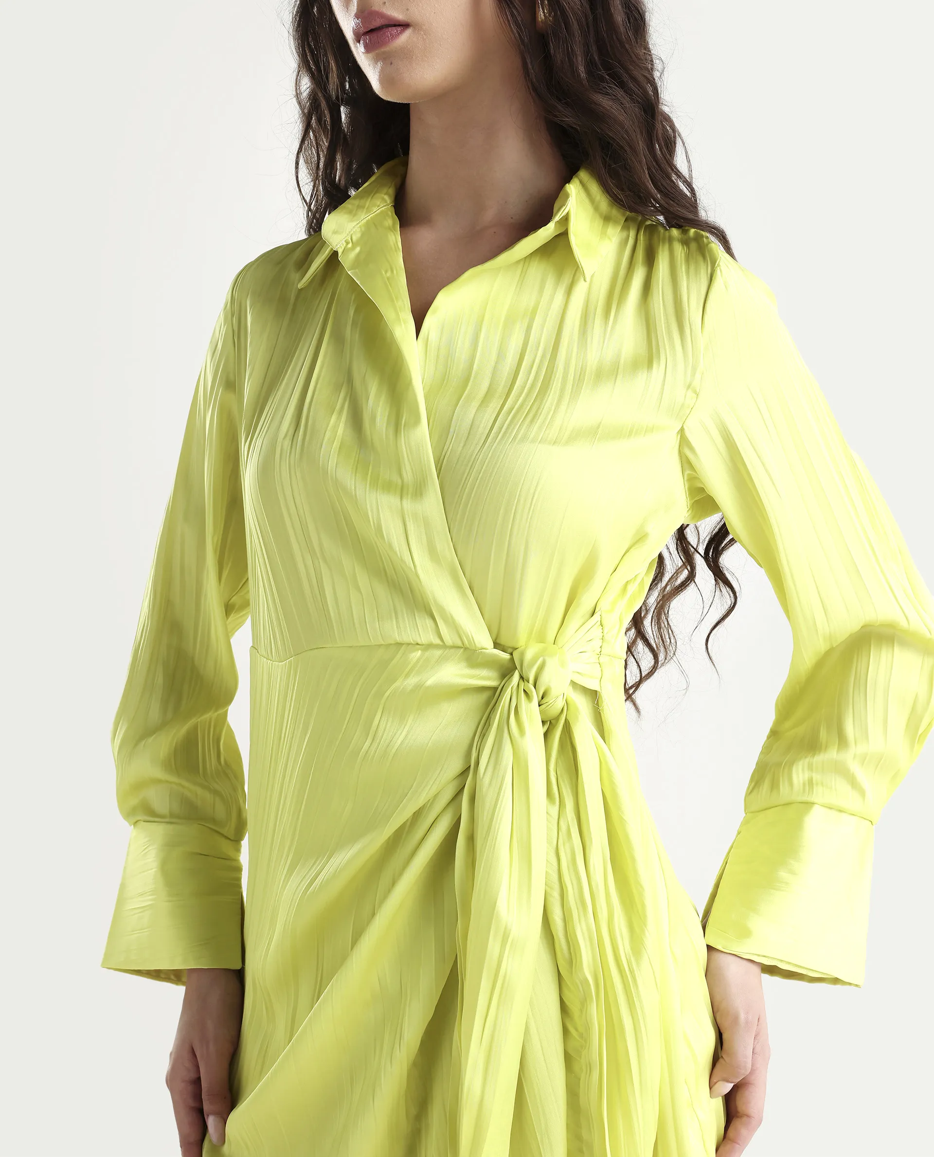 Rareism Women's Ladimir Flouroscent Green Polyester Blend Spread Collar Plain Cuffed Sleeve Mini Wrap Dress - Image 4