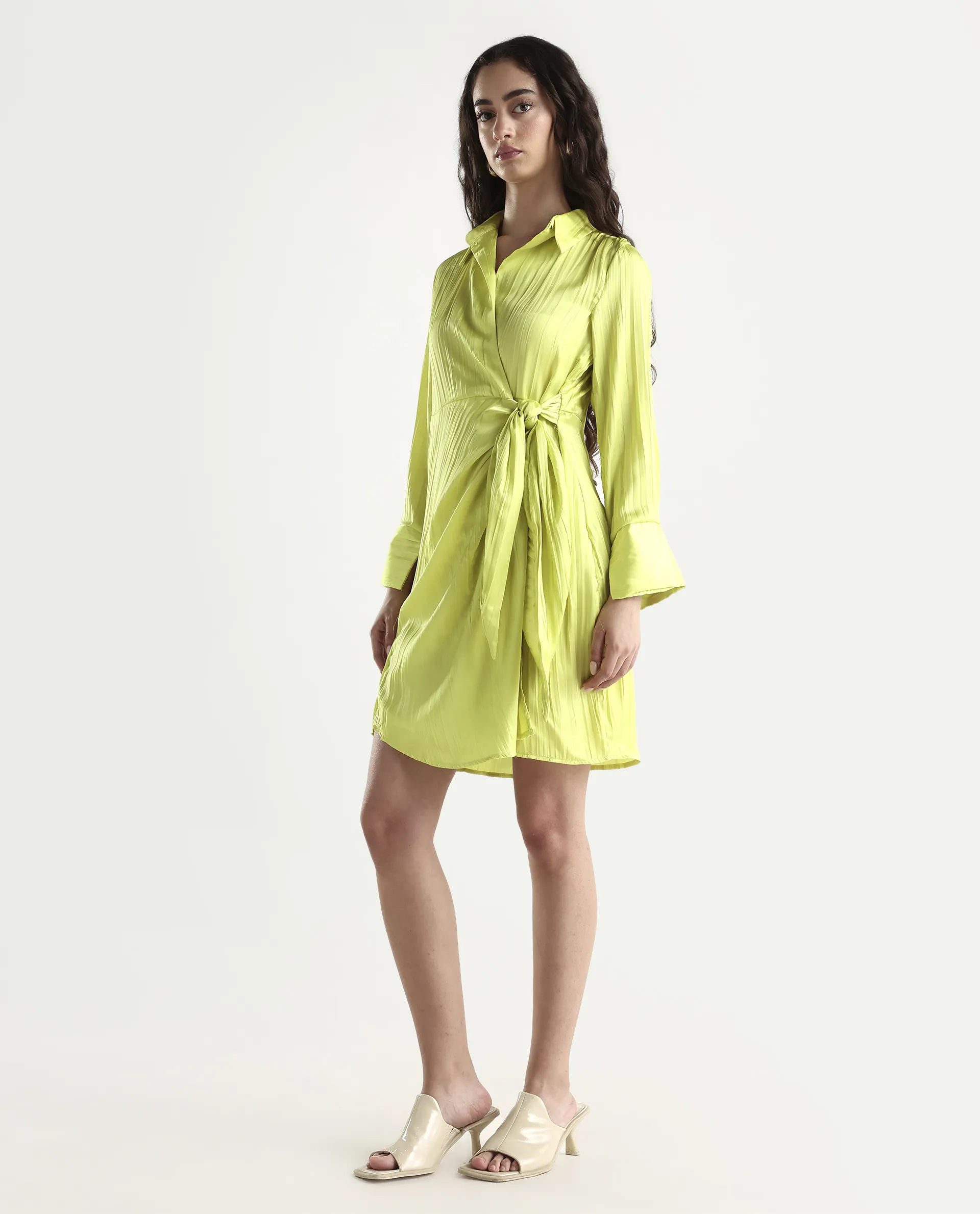 Rareism Women's Ladimir Flouroscent Green Polyester Blend Spread Collar Plain Cuffed Sleeve Mini Wrap Dress - Image 5