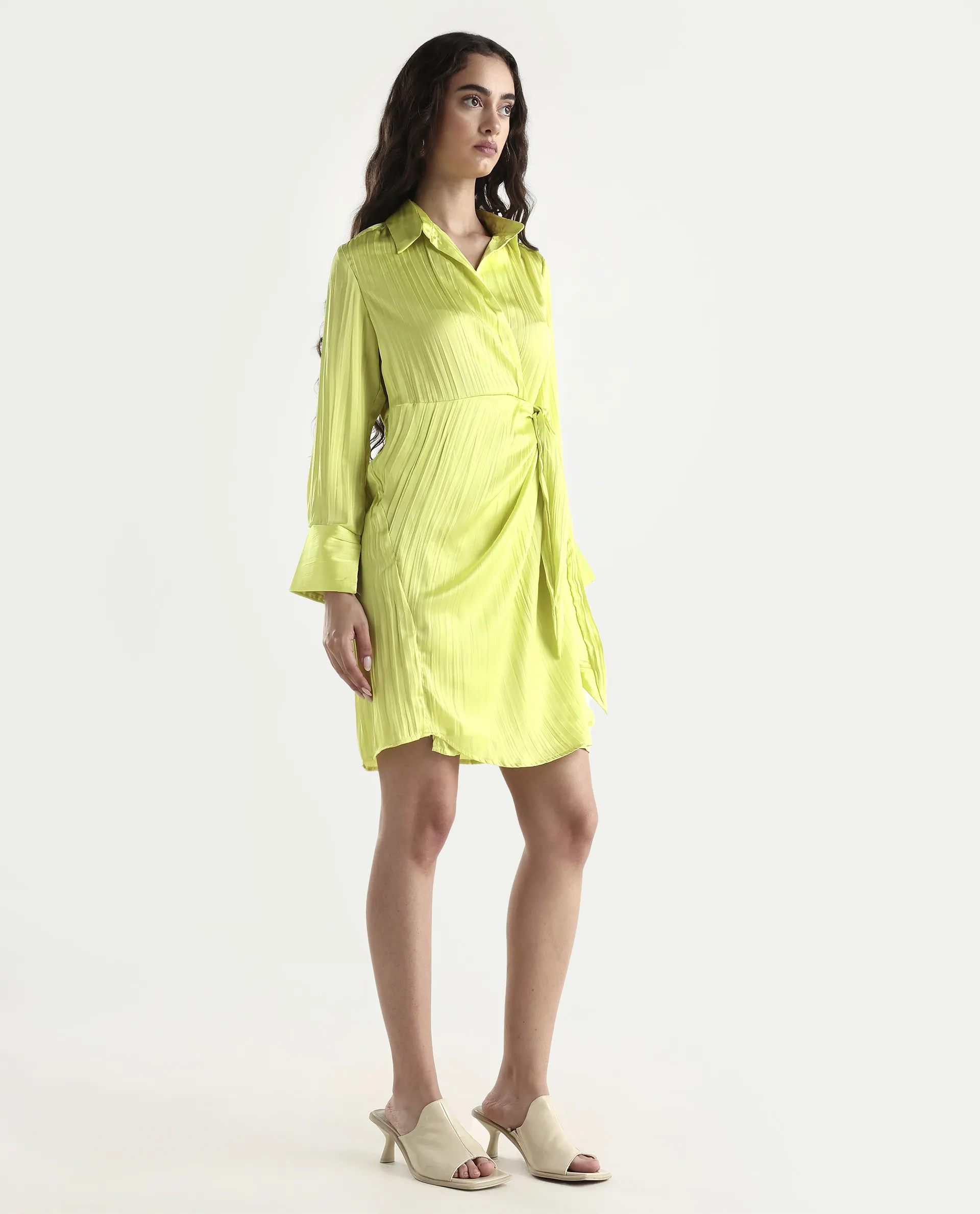 Rareism Women's Ladimir Flouroscent Green Polyester Blend Spread Collar Plain Cuffed Sleeve Mini Wrap Dress - Image 6