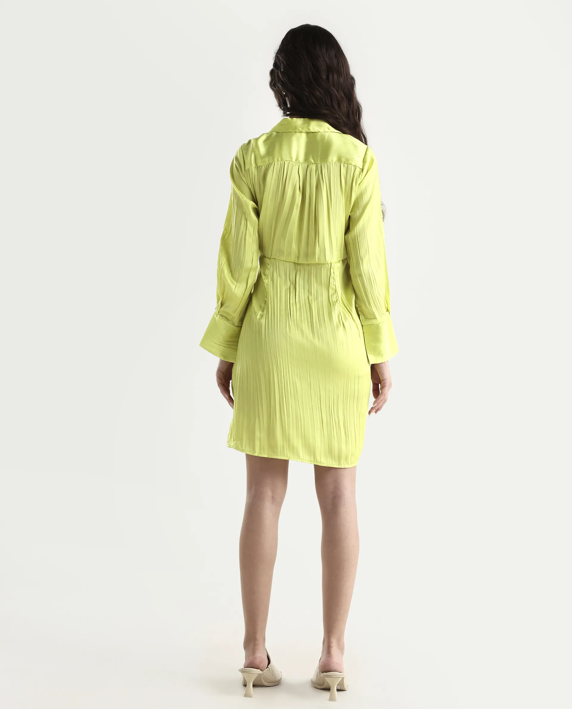 Rareism Women's Ladimir Flouroscent Green Polyester Blend Spread Collar Plain Cuffed Sleeve Mini Wrap Dress - Image 7