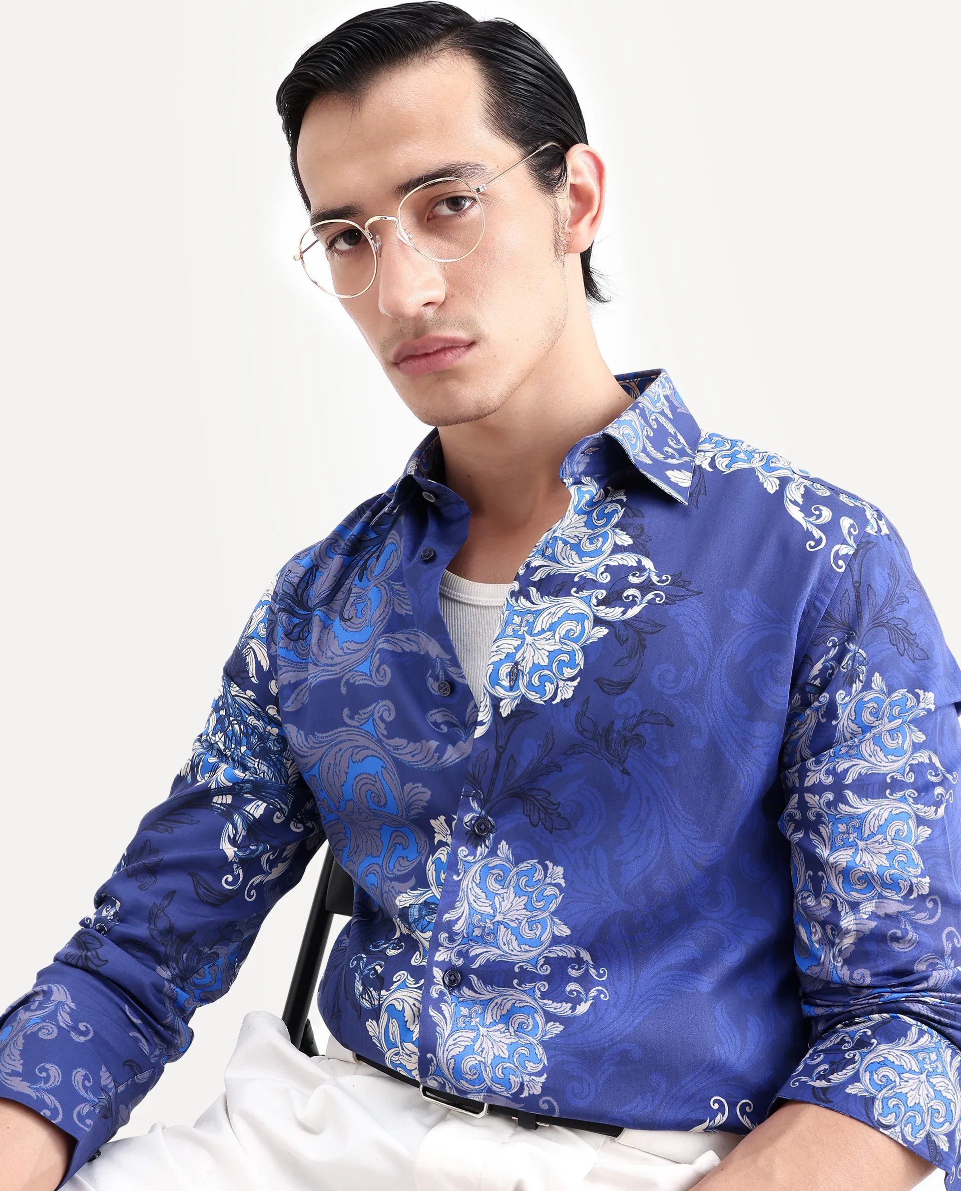 Rare Rabbit Men's Lagos Blue Cotton Fabric Full Sleeve Regular Fit Ornate Print Shirt