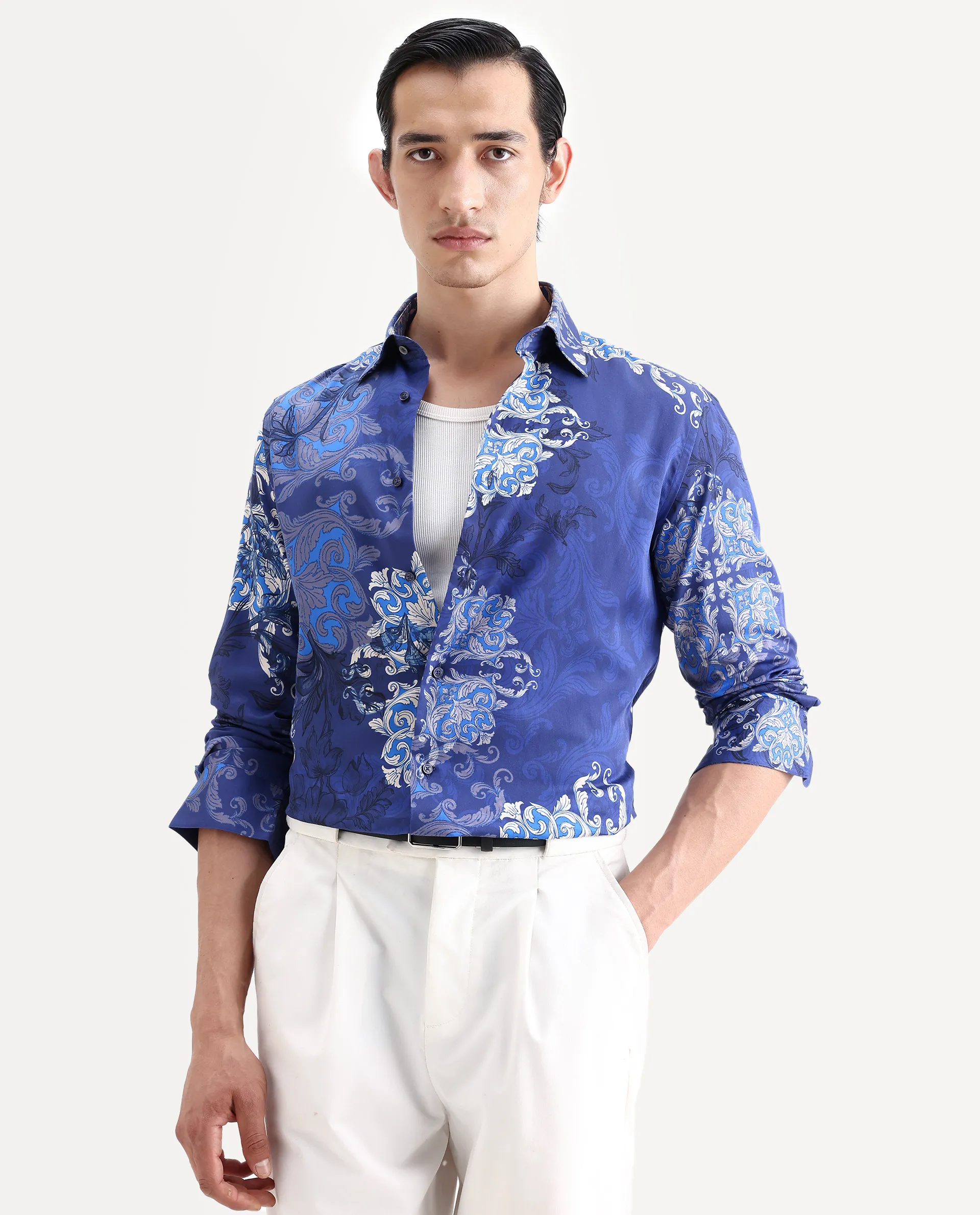 Rare Rabbit Men's Lagos Blue Cotton Fabric Full Sleeve Regular Fit Ornate Print Shirt - Image 6