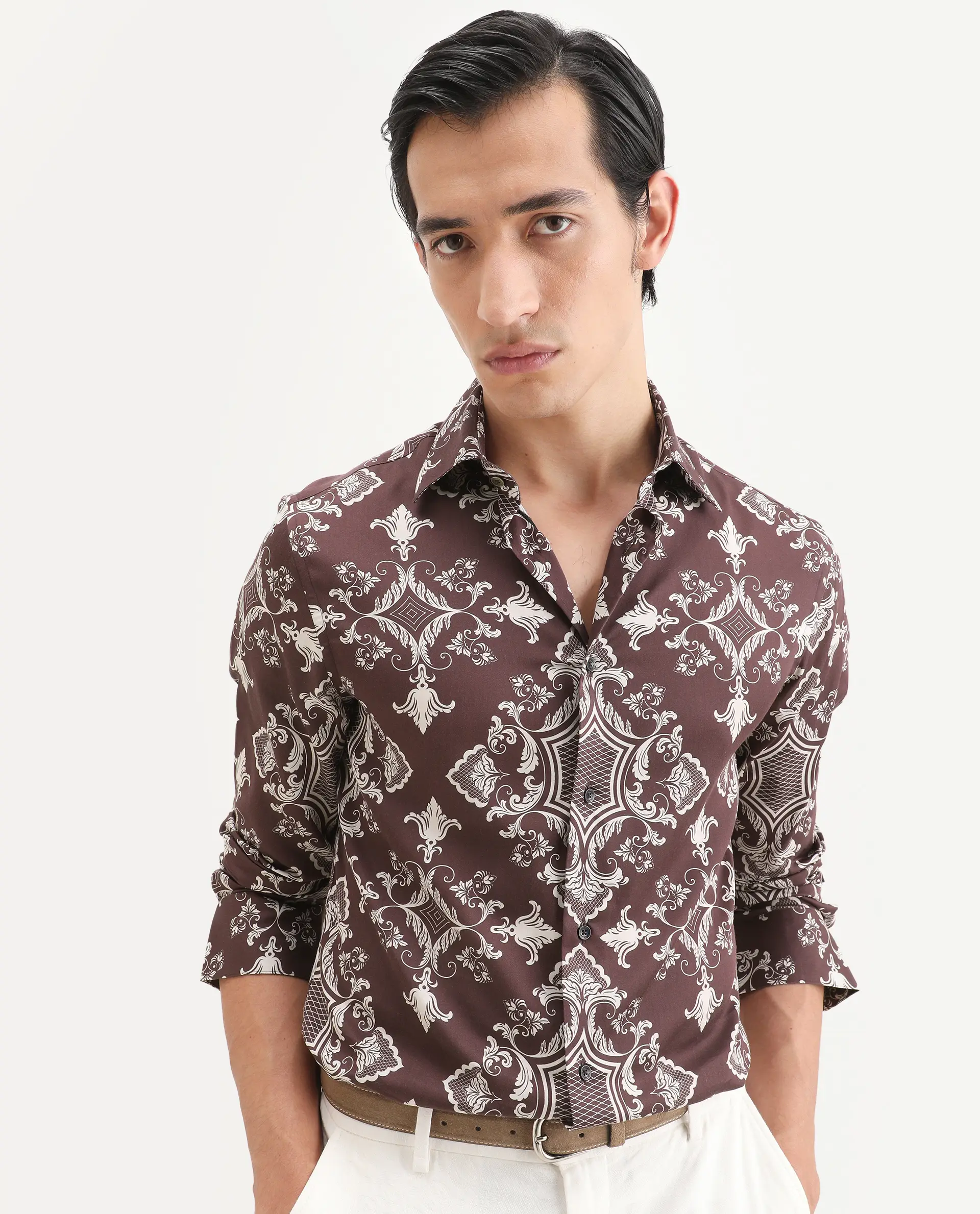 Rare Rabbit Men's Lagos Brown Cotton Fabric Full Sleeve Regular Fit Ornate Print Shirt