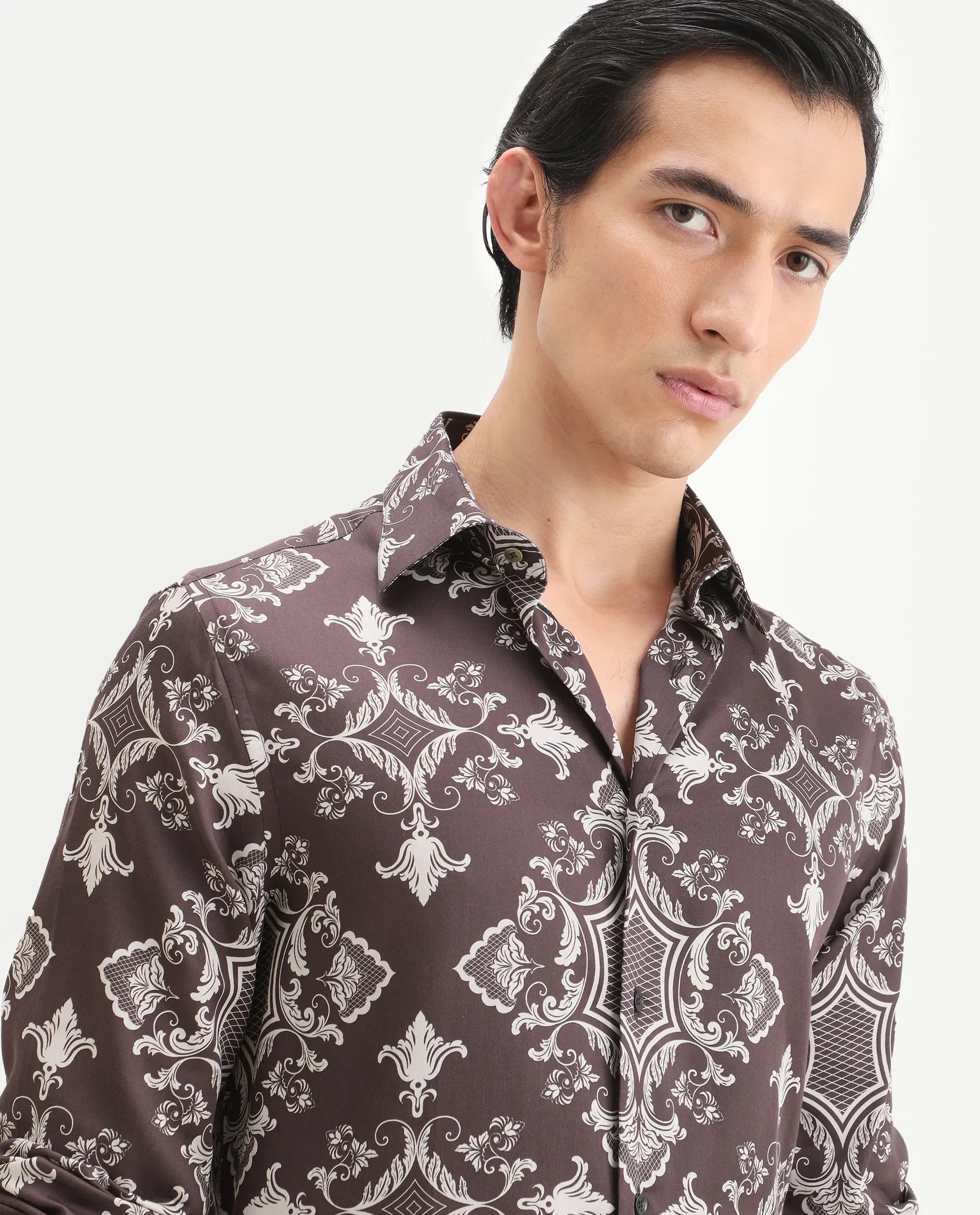 Rare Rabbit Men's Lagos Brown Cotton Fabric Full Sleeve Regular Fit Ornate Print Shirt - Image 3