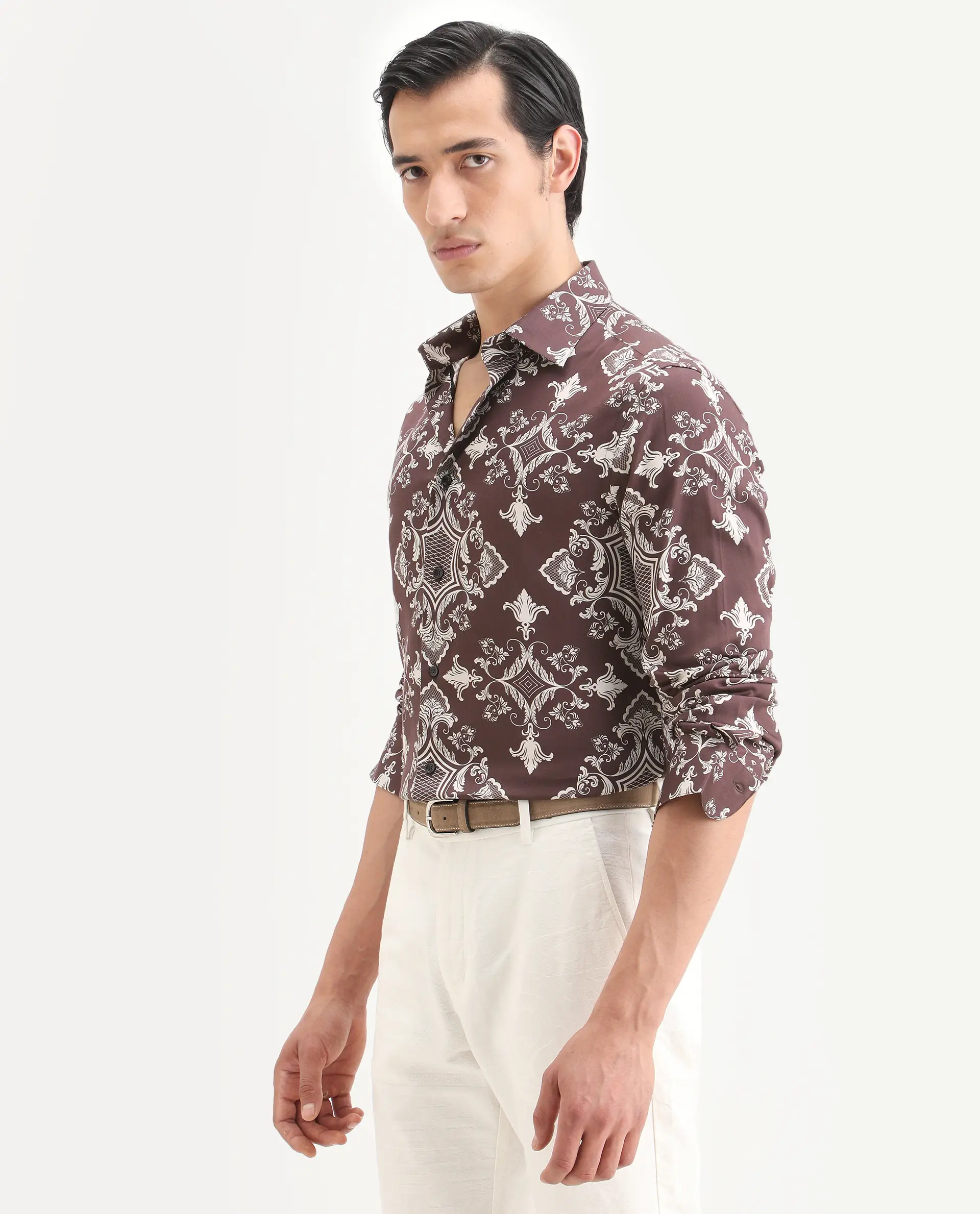 Rare Rabbit Men's Lagos Brown Cotton Fabric Full Sleeve Regular Fit Ornate Print Shirt - Image 4