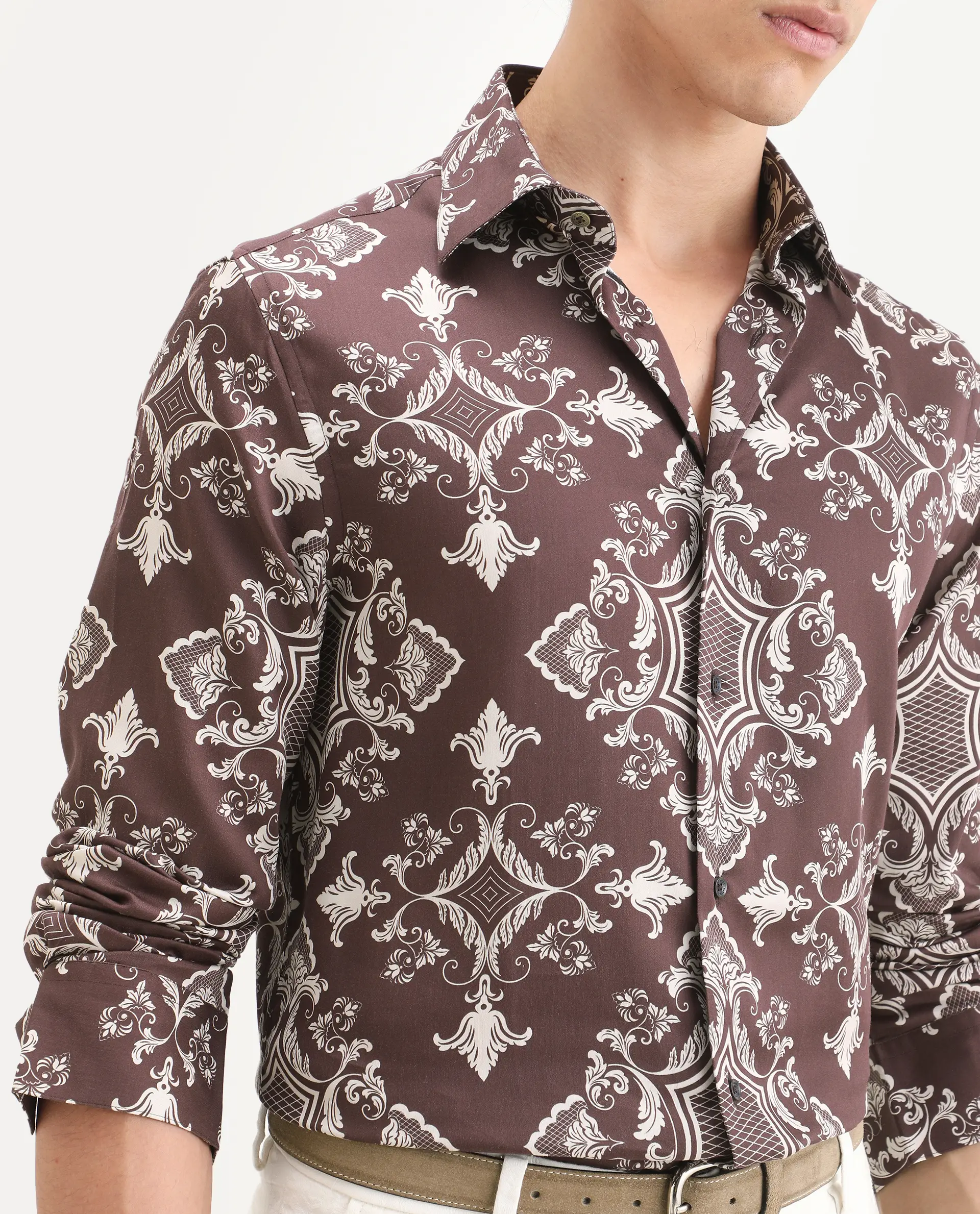 Rare Rabbit Men's Lagos Brown Cotton Fabric Full Sleeve Regular Fit Ornate Print Shirt - Image 6