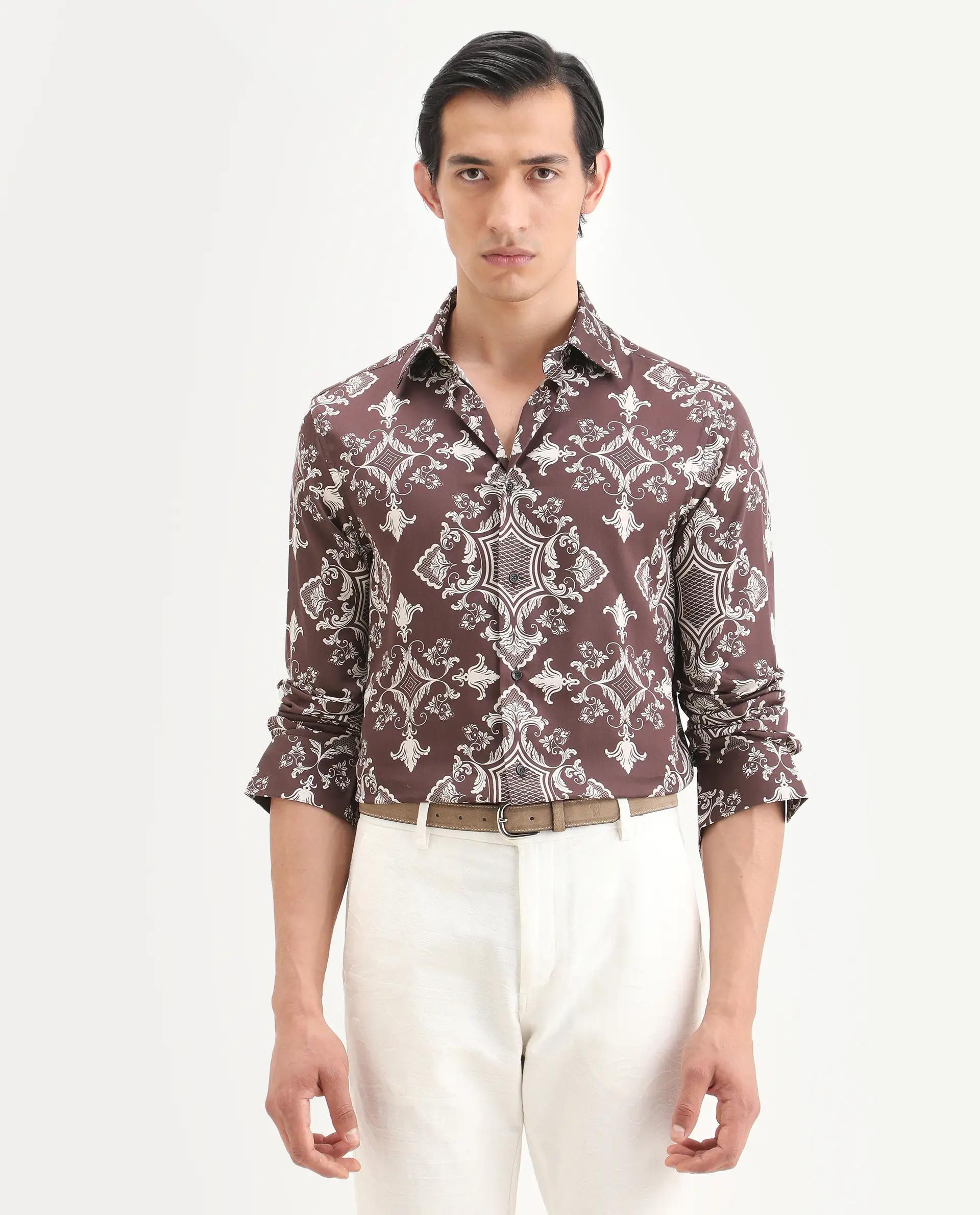 Rare Rabbit Men's Lagos Brown Cotton Fabric Full Sleeve Regular Fit Ornate Print Shirt - Image 7