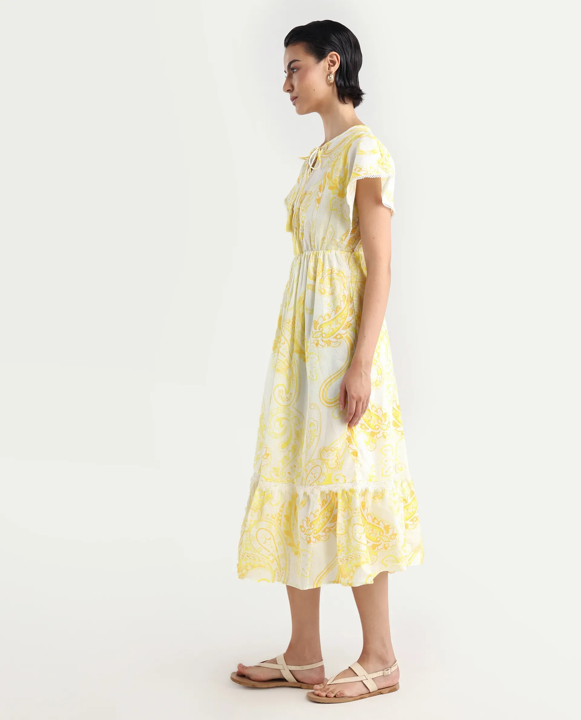 Rareism Women's Lammer Light Yellow Cotton Tie-Up Neck Paisley Print Extended Sleeves Maxi Relaxed Fit Dress - Image 5