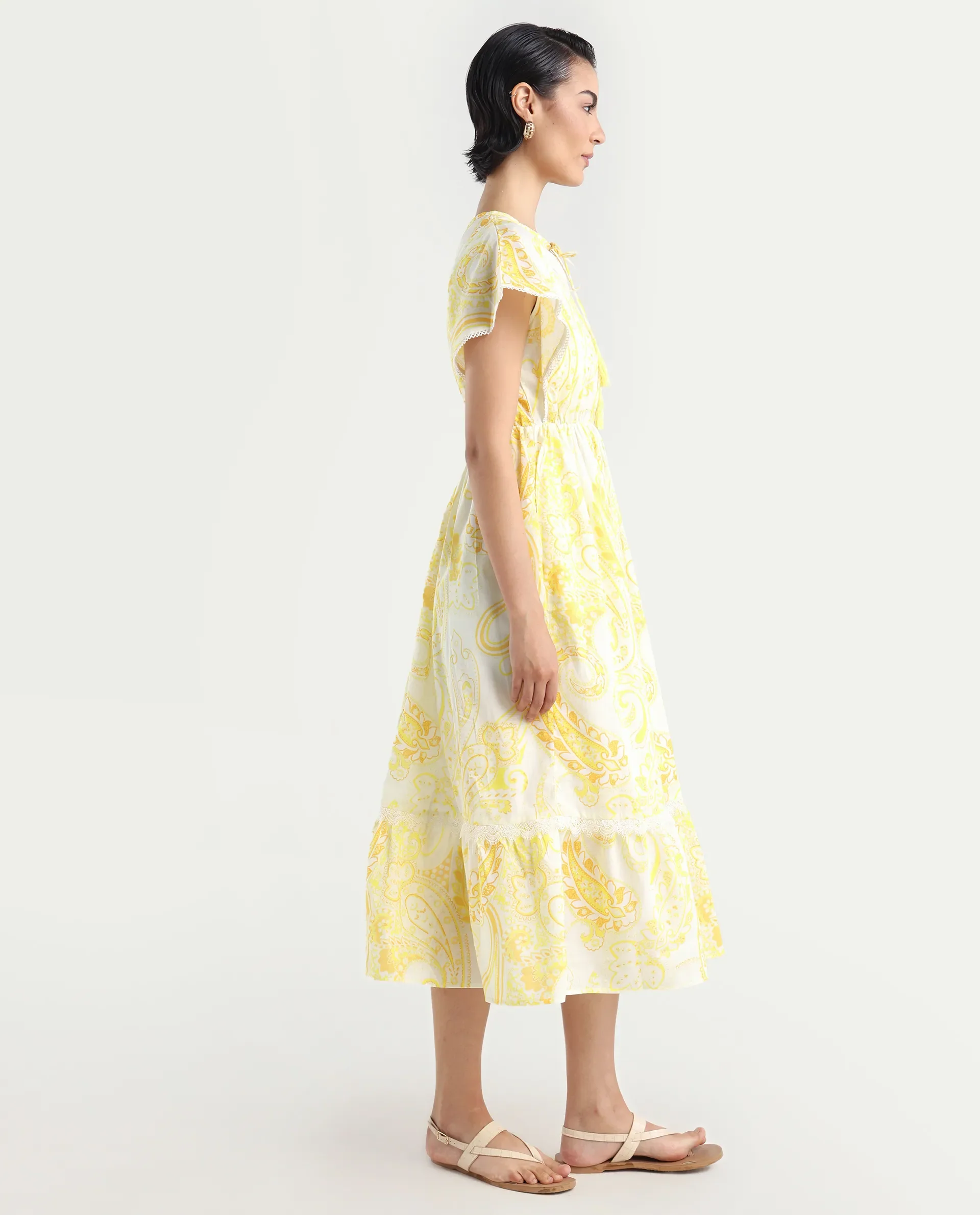 Rareism Women's Lammer Light Yellow Cotton Tie-Up Neck Paisley Print Extended Sleeves Maxi Relaxed Fit Dress - Image 6