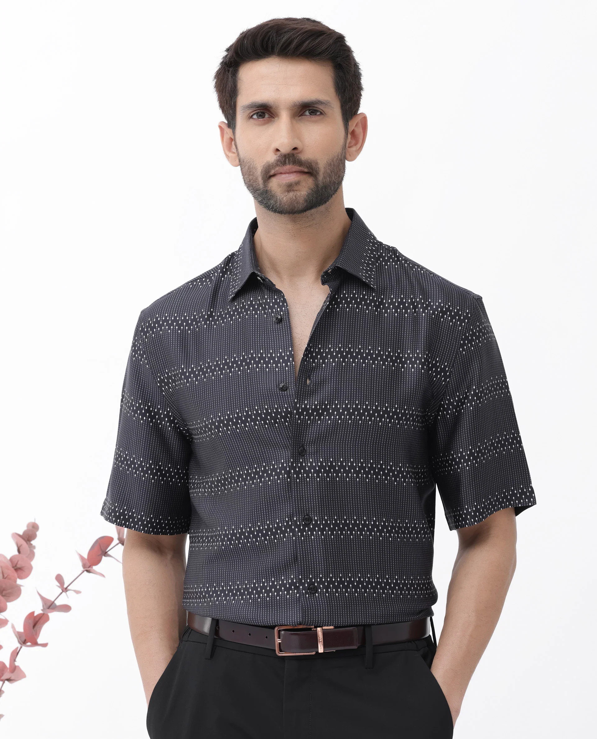 Rare Rabbit Men's Lamo Black Viscose Geometric Print Boxy Fit Half Sleeve Collared Shirt