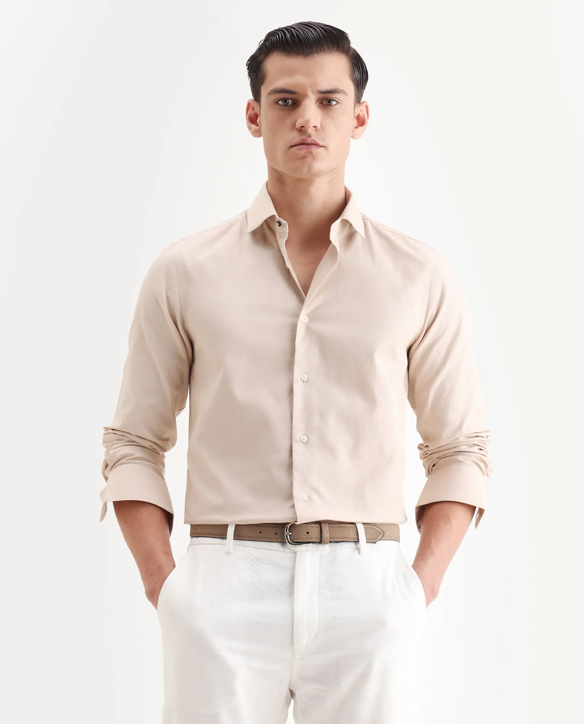 Rare Rabbit Men's Lasko Light Beige Cotton Plain Regular Fit Full Sleeve Collared Shirt