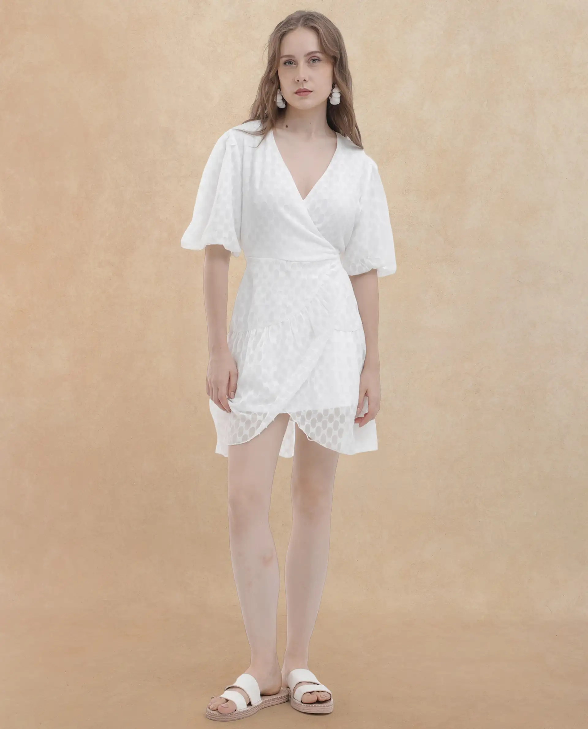 Rareism Women's Lavelle White Cotton Overlap Neck Jacquard Balloon Sleeve Mini Fit And Flare Dress - Image 5