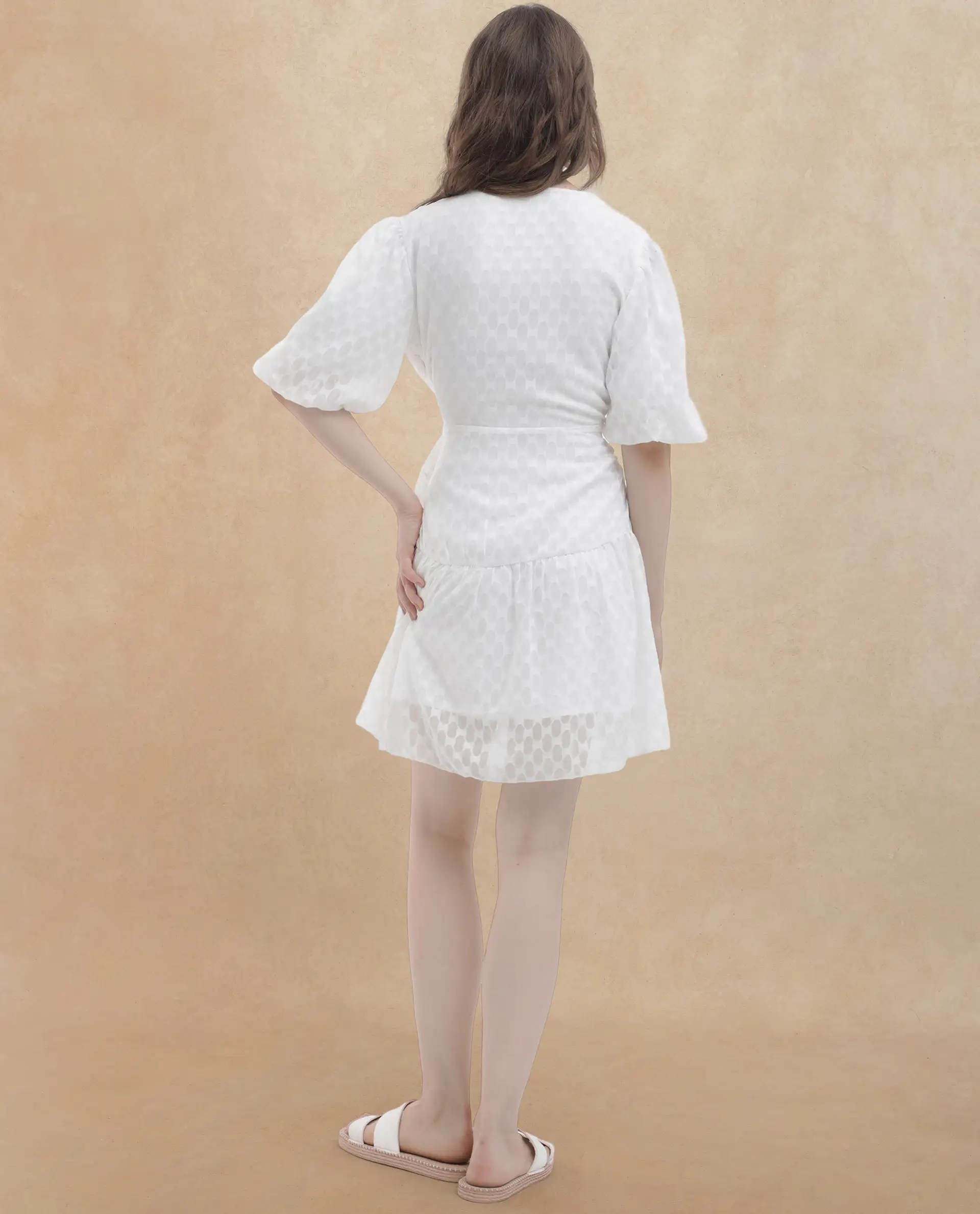 Rareism Women's Lavelle White Cotton Overlap Neck Jacquard Balloon Sleeve Mini Fit And Flare Dress - Image 6