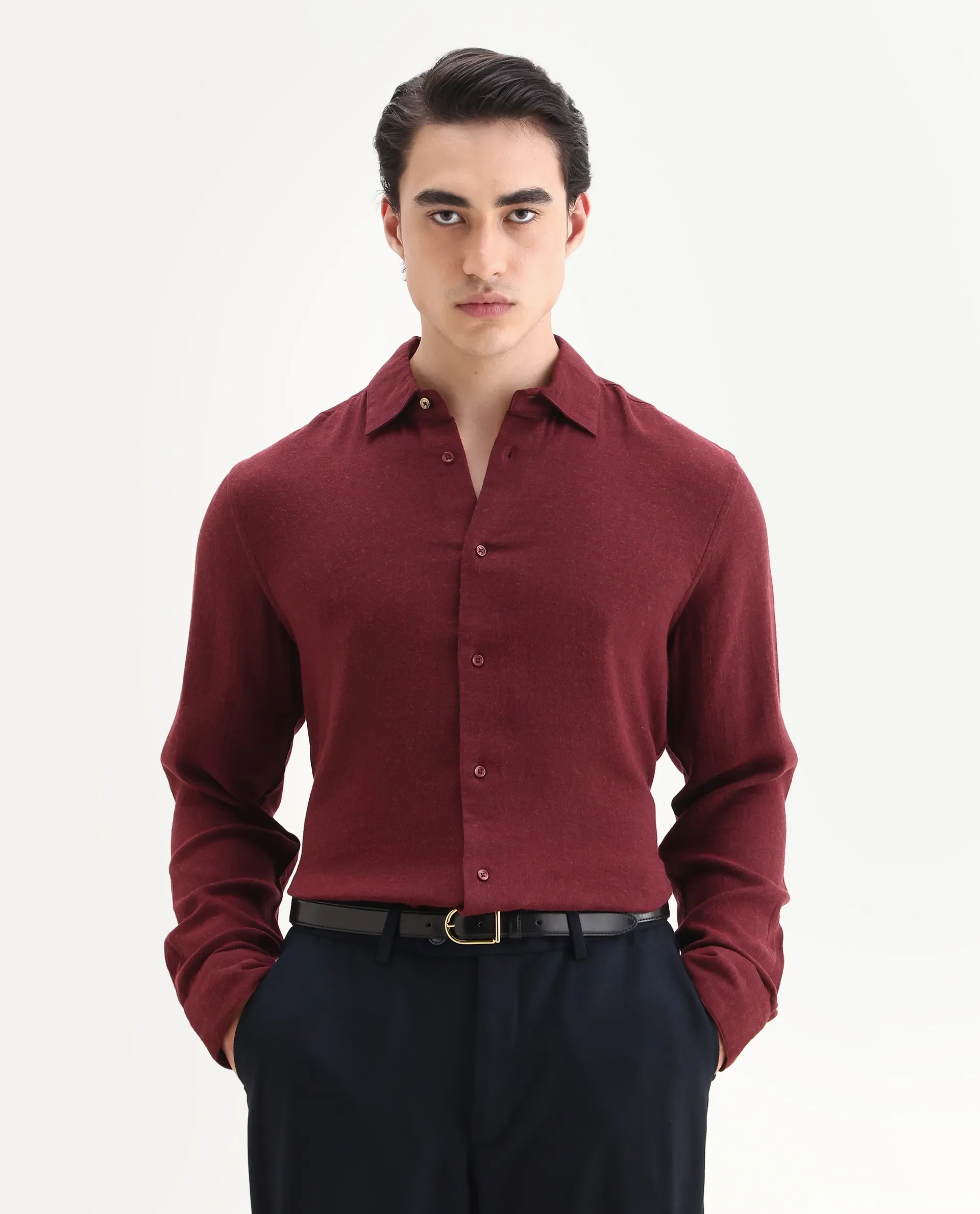 Rare Rabbit Men's Layt Red Cotton Blend Fabric Spread Collar Regular Fit Plain Shirt
