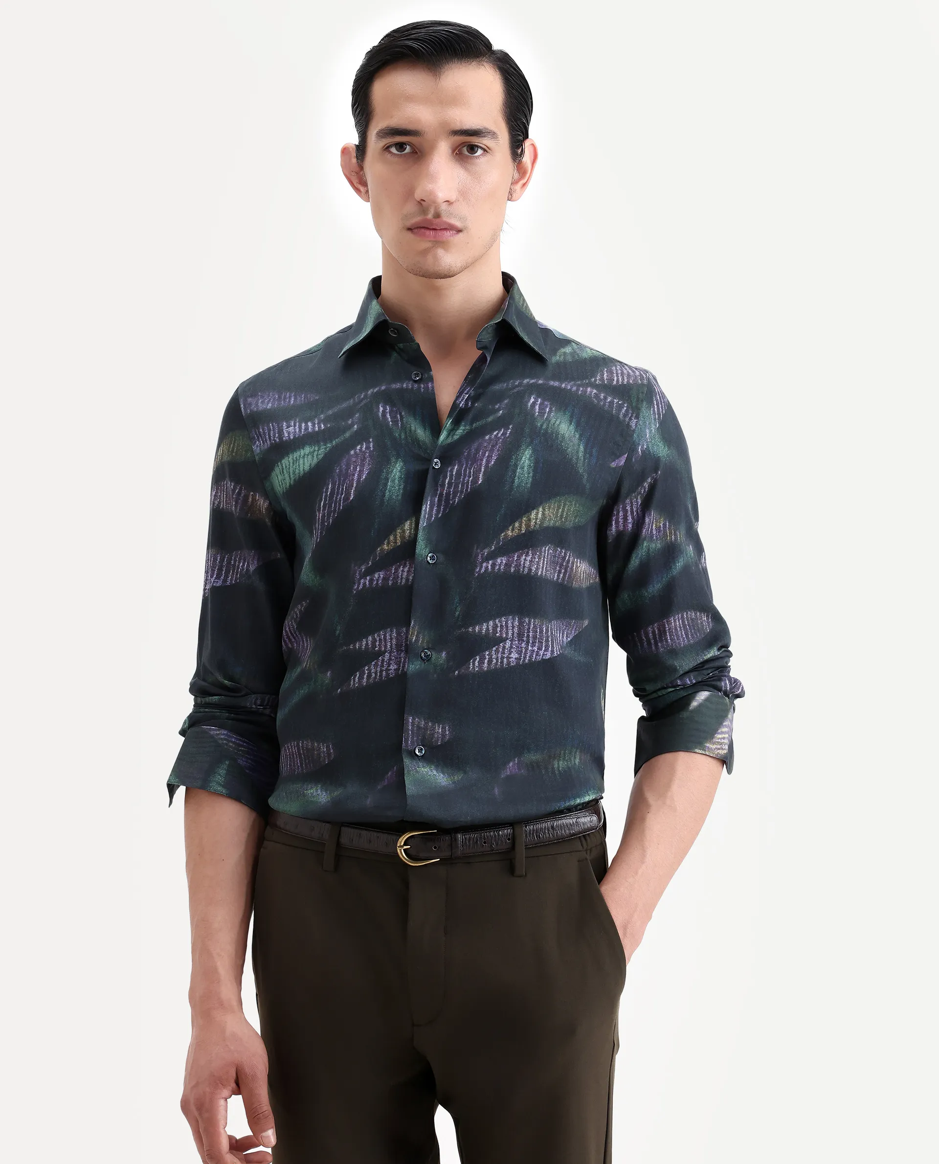 Rare Rabbit Men's Leafo Dusky Green Cotton Blend Fabric Full Sleeve Regular Fit Abstract Print Shirt - Image 4