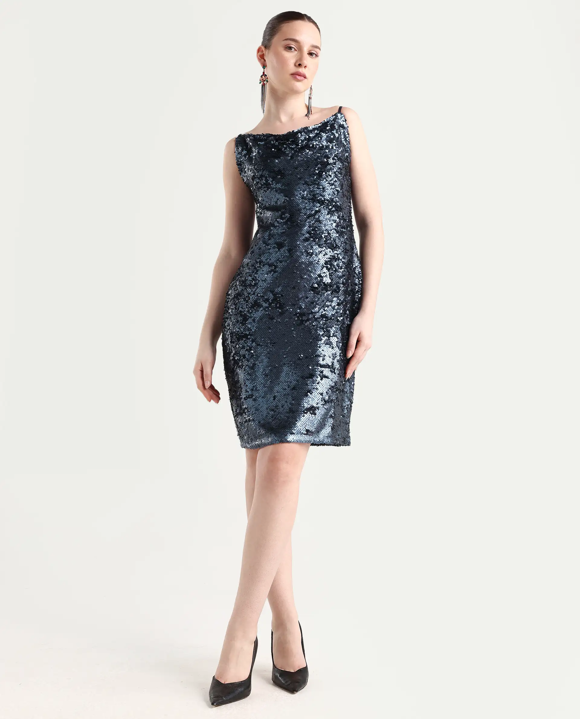 Rareism Women's Leah Sheen Blue Polyester Shoulder Strap Sequined Shoulder Strap Knee Length Regular Fit Dress