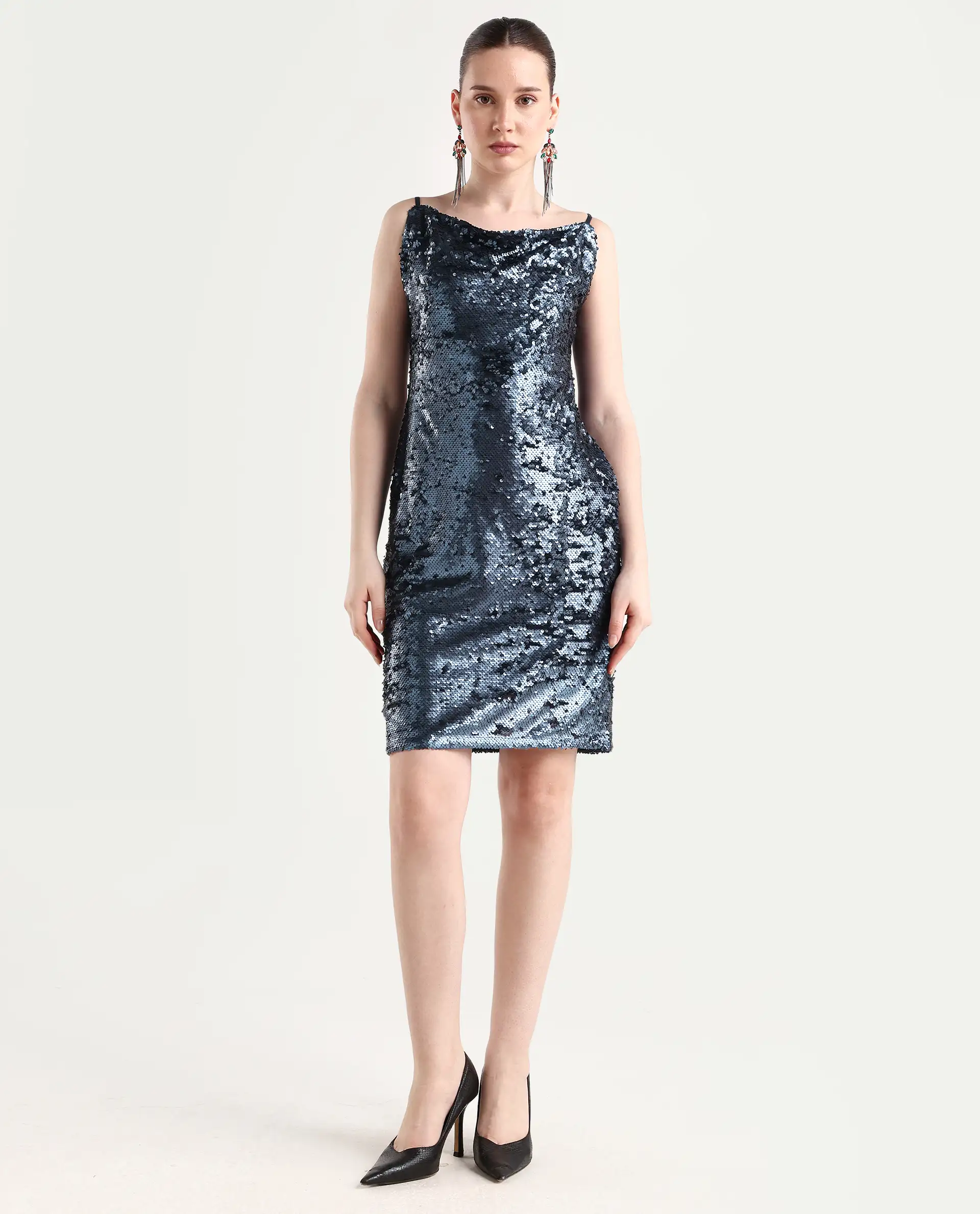 Rareism Women's Leah Sheen Blue Polyester Shoulder Strap Sequined Shoulder Strap Knee Length Regular Fit Dress - Image 2