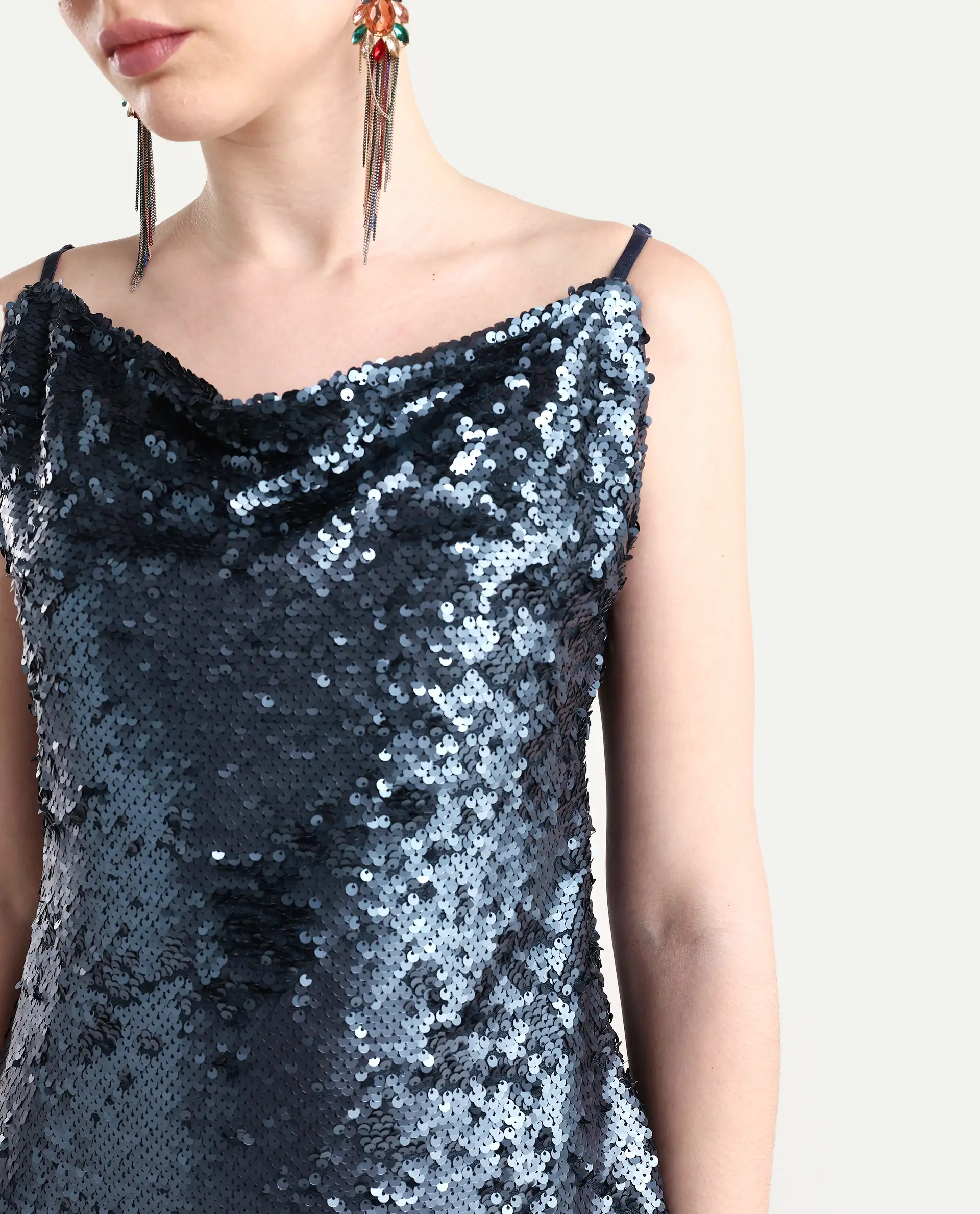Rareism Women's Leah Sheen Blue Polyester Shoulder Strap Sequined Shoulder Strap Knee Length Regular Fit Dress - Image 4