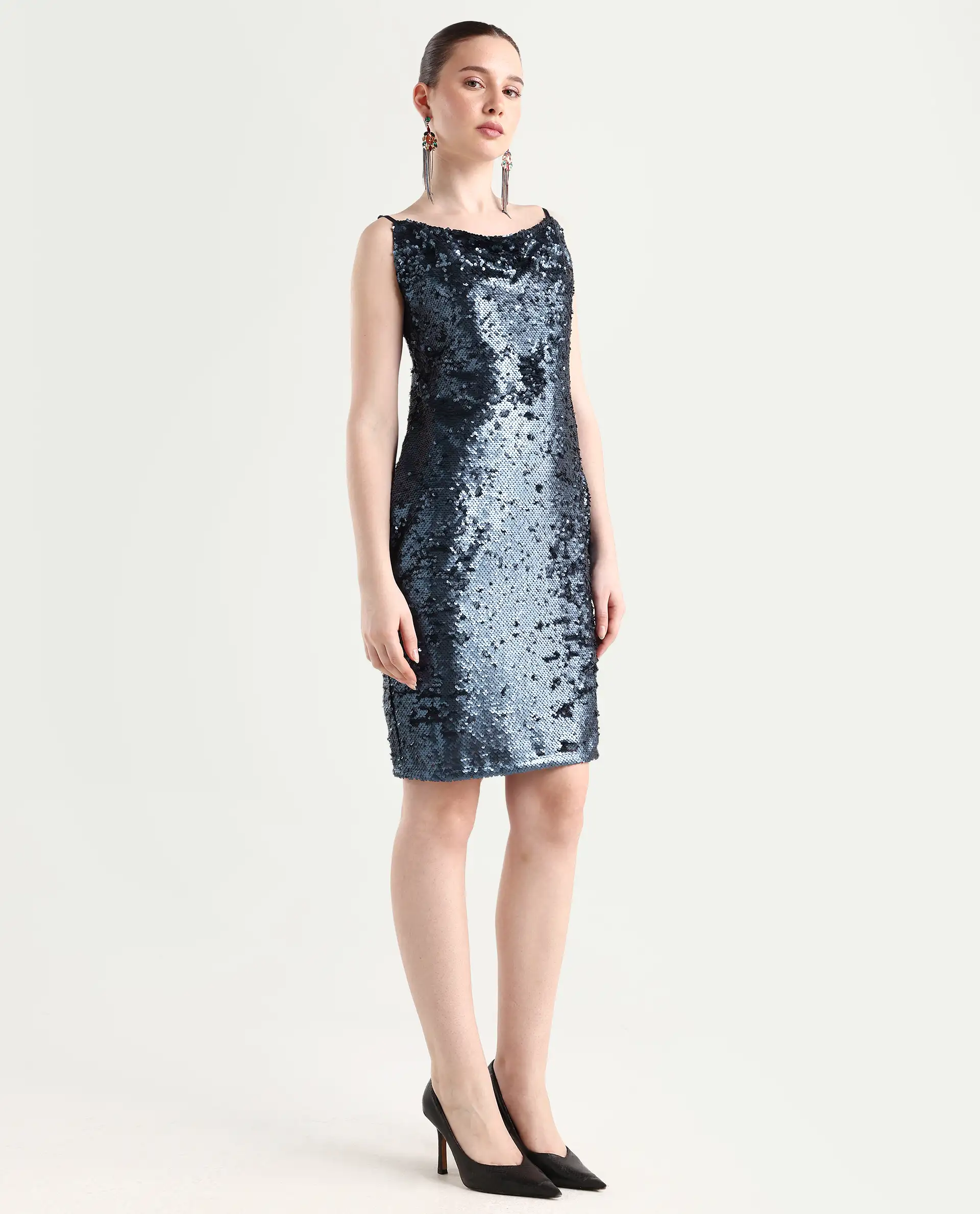 Rareism Women's Leah Sheen Blue Polyester Shoulder Strap Sequined Shoulder Strap Knee Length Regular Fit Dress - Image 6