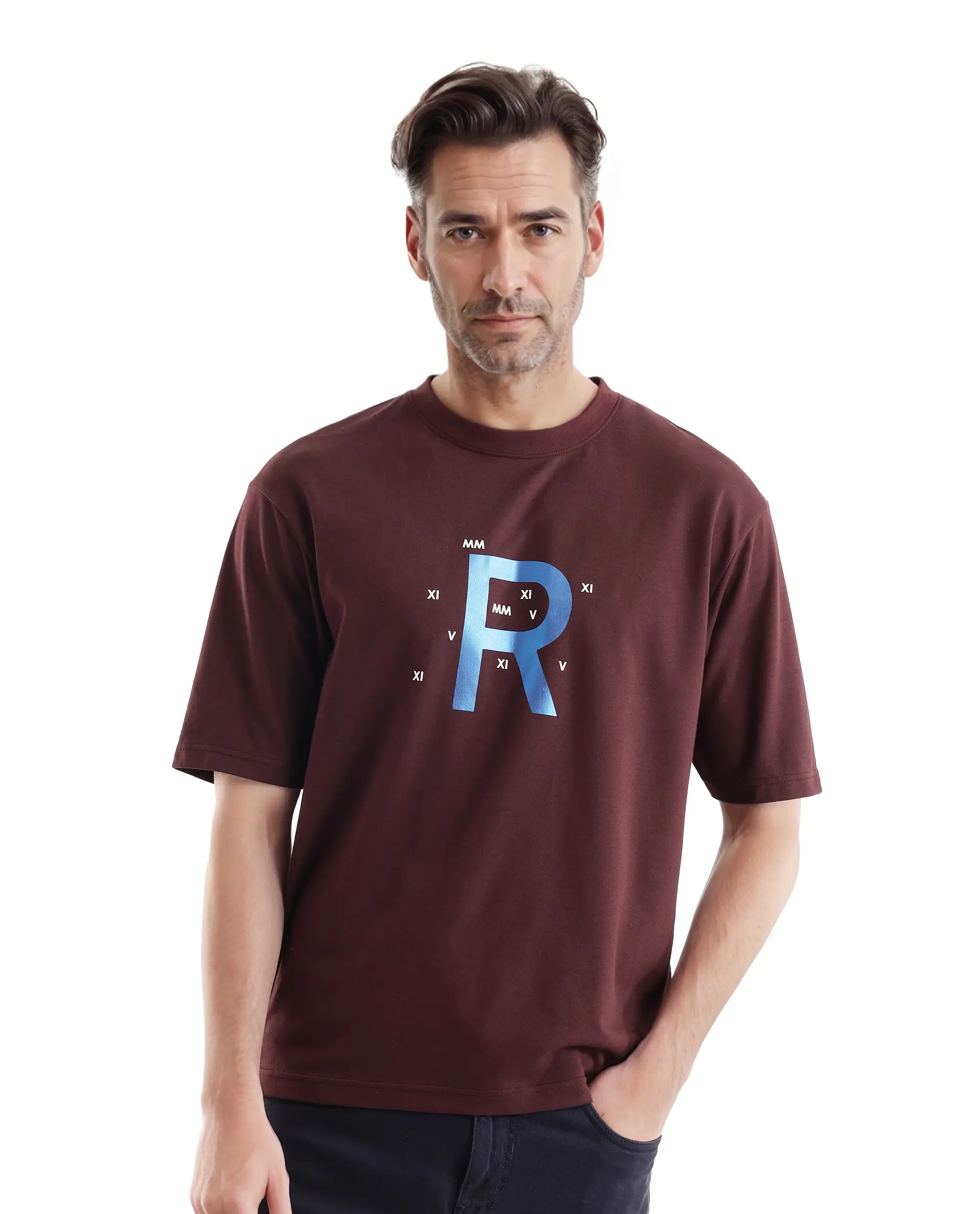 Rare Rabbit Men's Leat Dark Brown Cotton Graphic Print Boxy Fit Half Sleeve Crew Neck T-Shirt