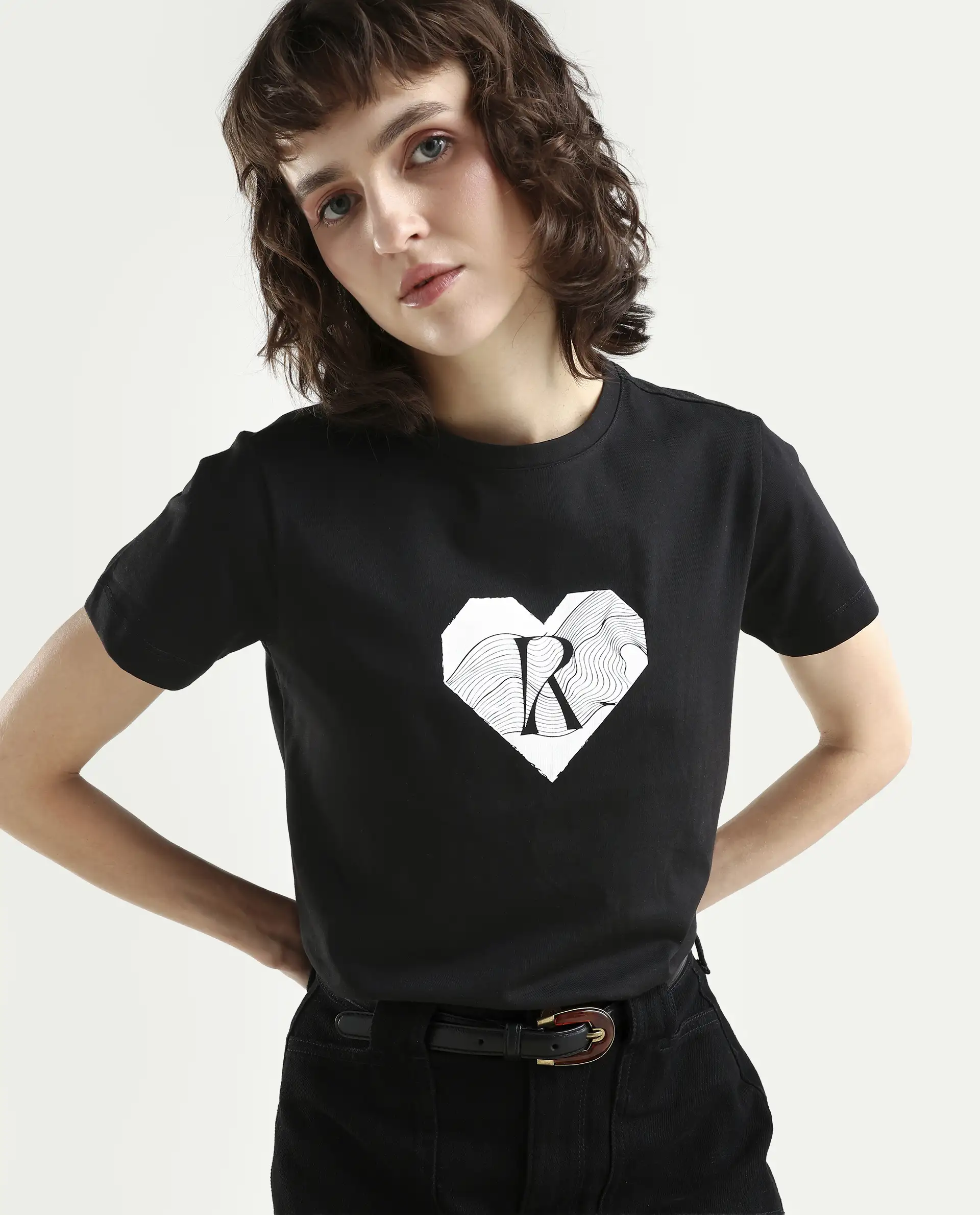 Rareism Women's Lee Black Cotton Blend Crew Neck Graphic Print Regular Fit T-Shirt