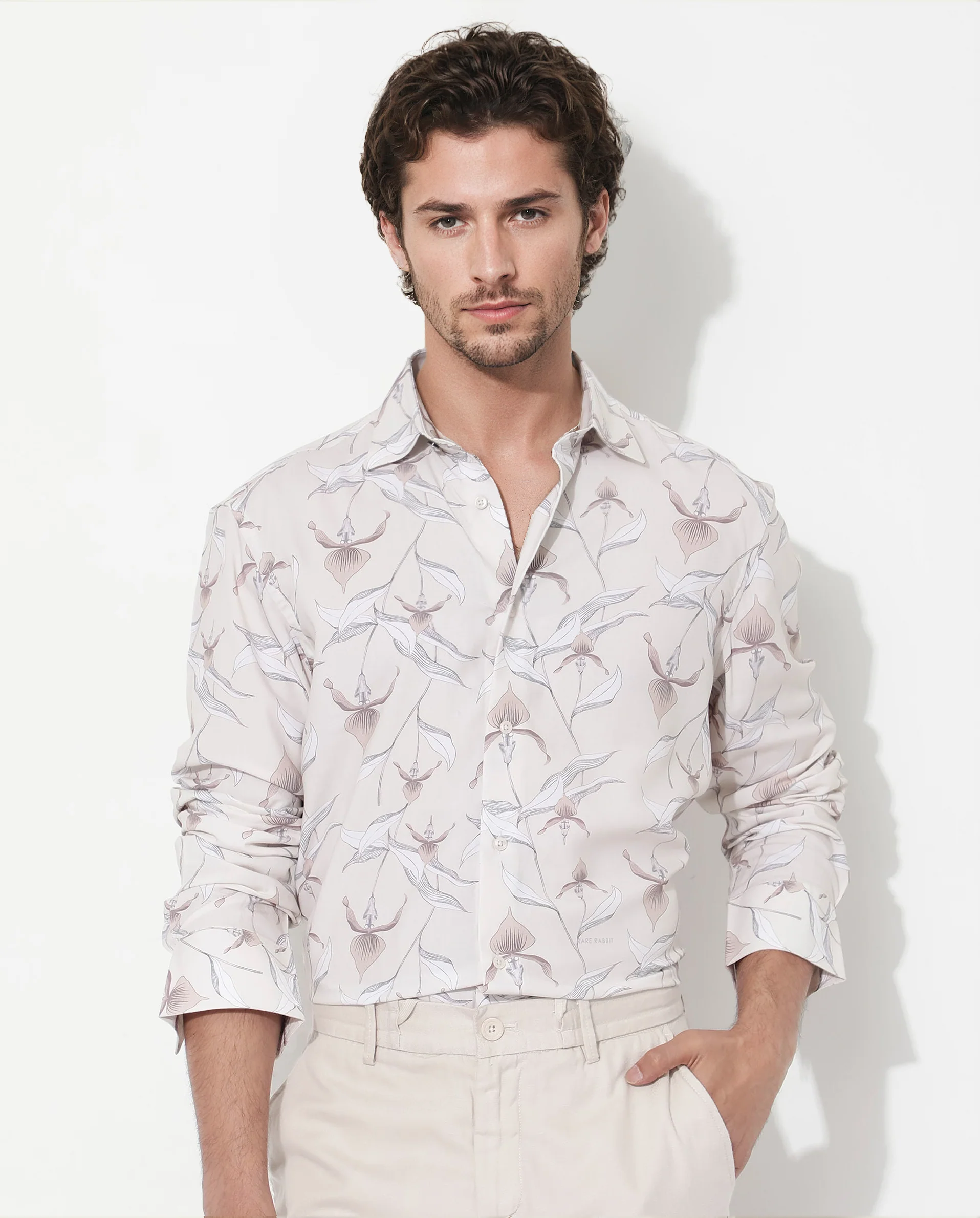 Rare Rabbit Men's Len Beige Cotton Floral Print Regular Fit Full Sleeve Collared Shirt
