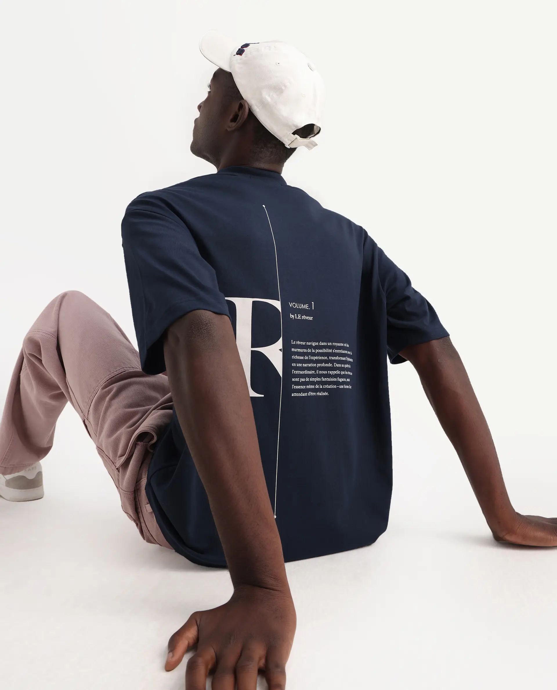 Rare Rabbit Men's Len Navy Cotton Typography Print Oversized Fit Half Sleeve Crew Neck T-Shirt