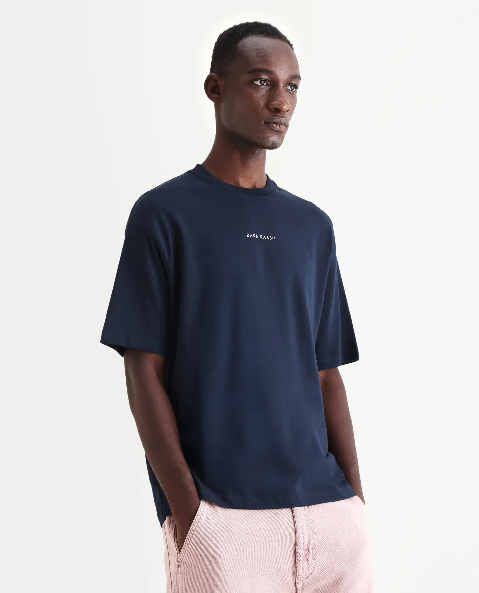 Rare Rabbit Men's Len Navy Cotton Typography Print Oversized Fit Half Sleeve Crew Neck T-Shirt - Image 4