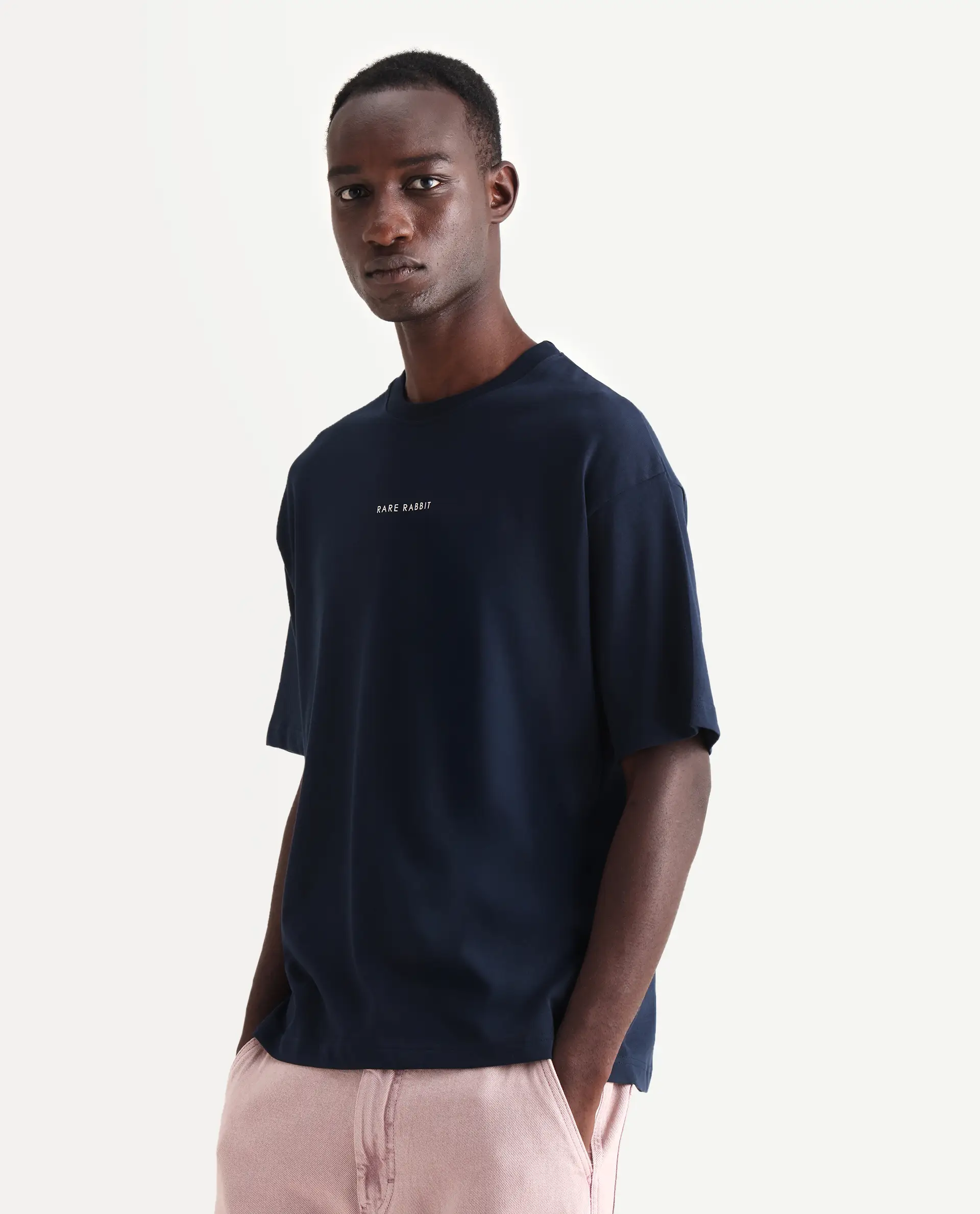Rare Rabbit Men's Len Navy Cotton Typography Print Oversized Fit Half Sleeve Crew Neck T-Shirt - Image 5