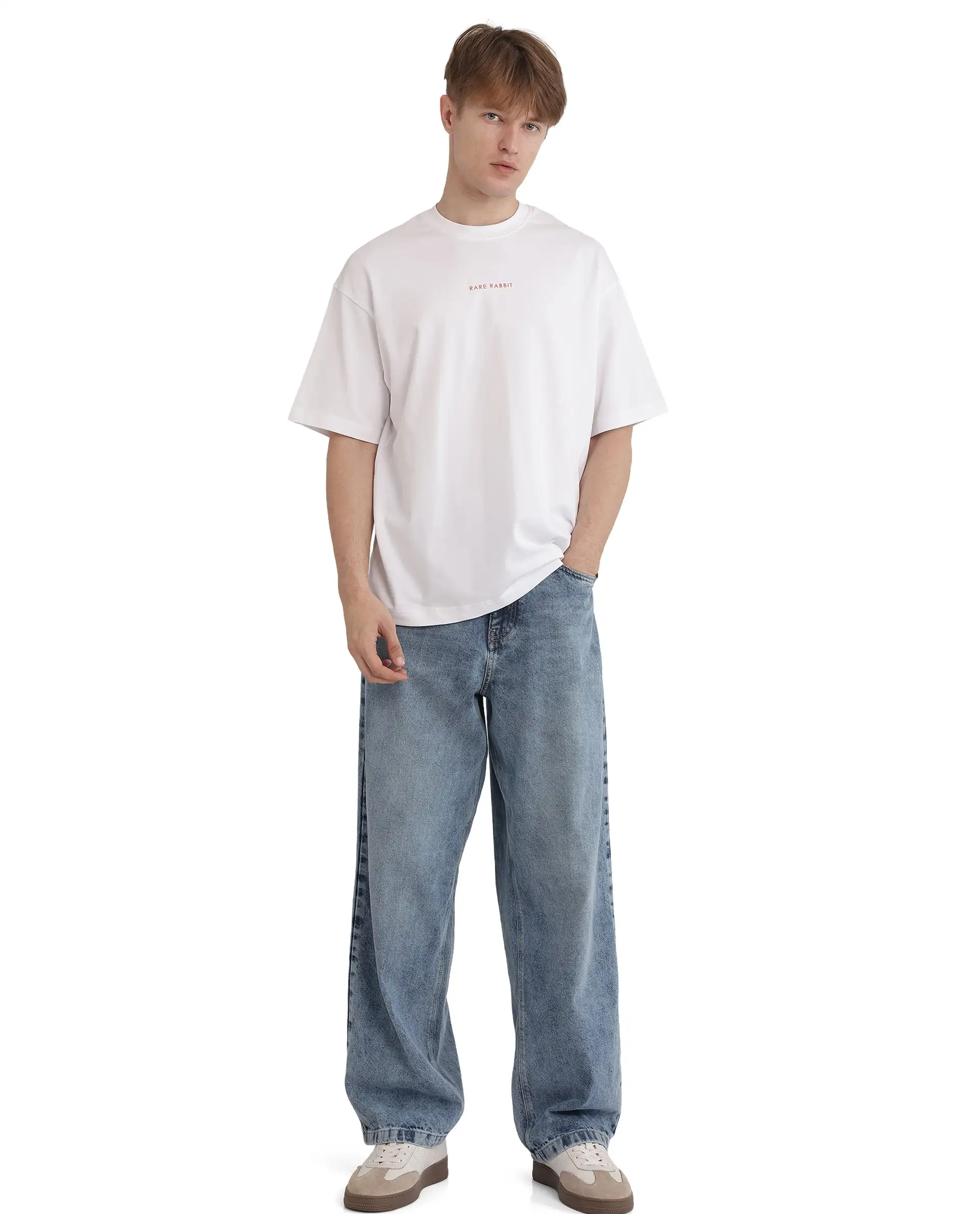 Rare Rabbit Men's Len White Cotton Typography Print Oversized Fit Half Sleeve Crew Neck T-Shirt - Image 2