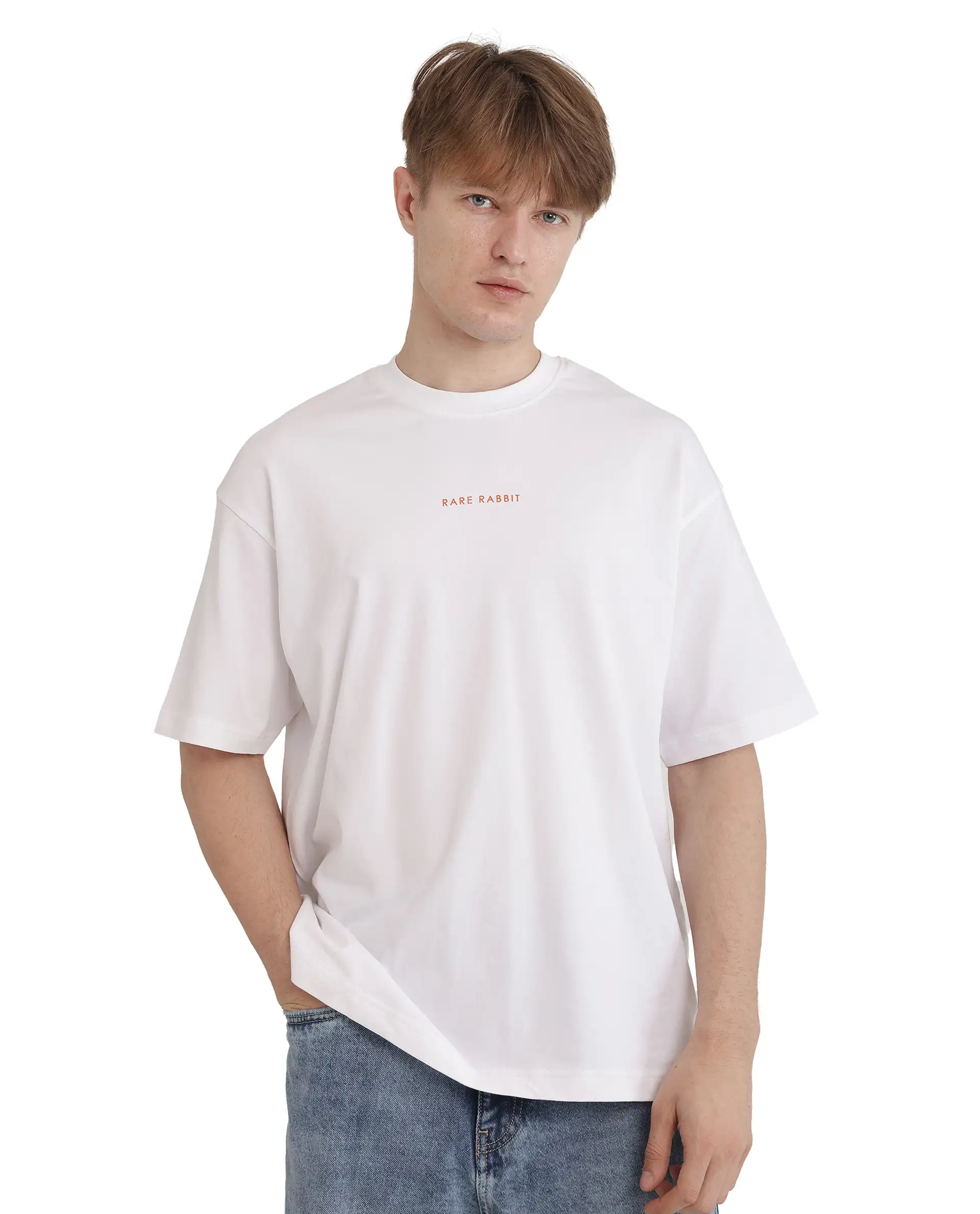 Rare Rabbit Men's Len White Cotton Typography Print Oversized Fit Half Sleeve Crew Neck T-Shirt - Image 5