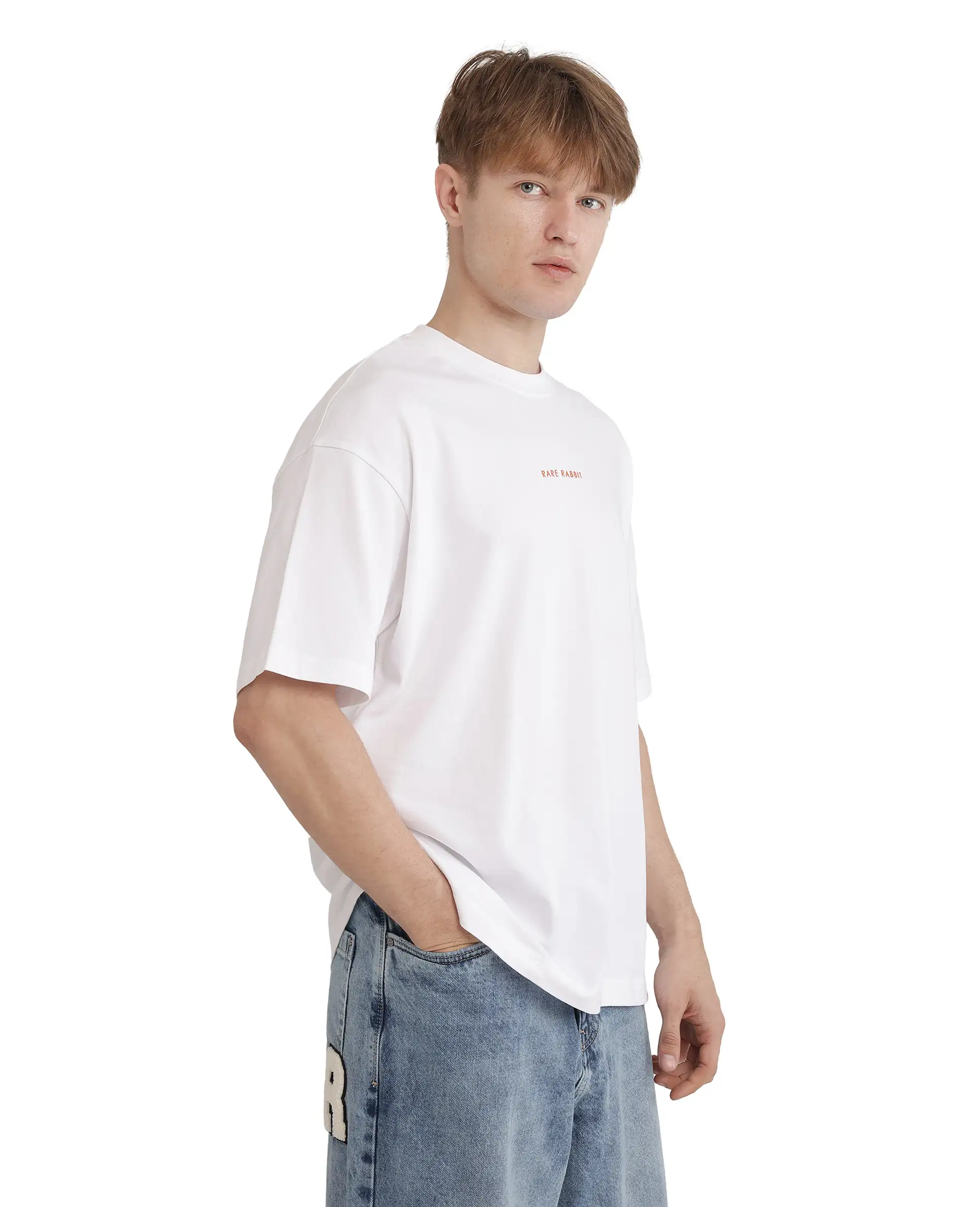 Rare Rabbit Men's Len White Cotton Typography Print Oversized Fit Half Sleeve Crew Neck T-Shirt - Image 6