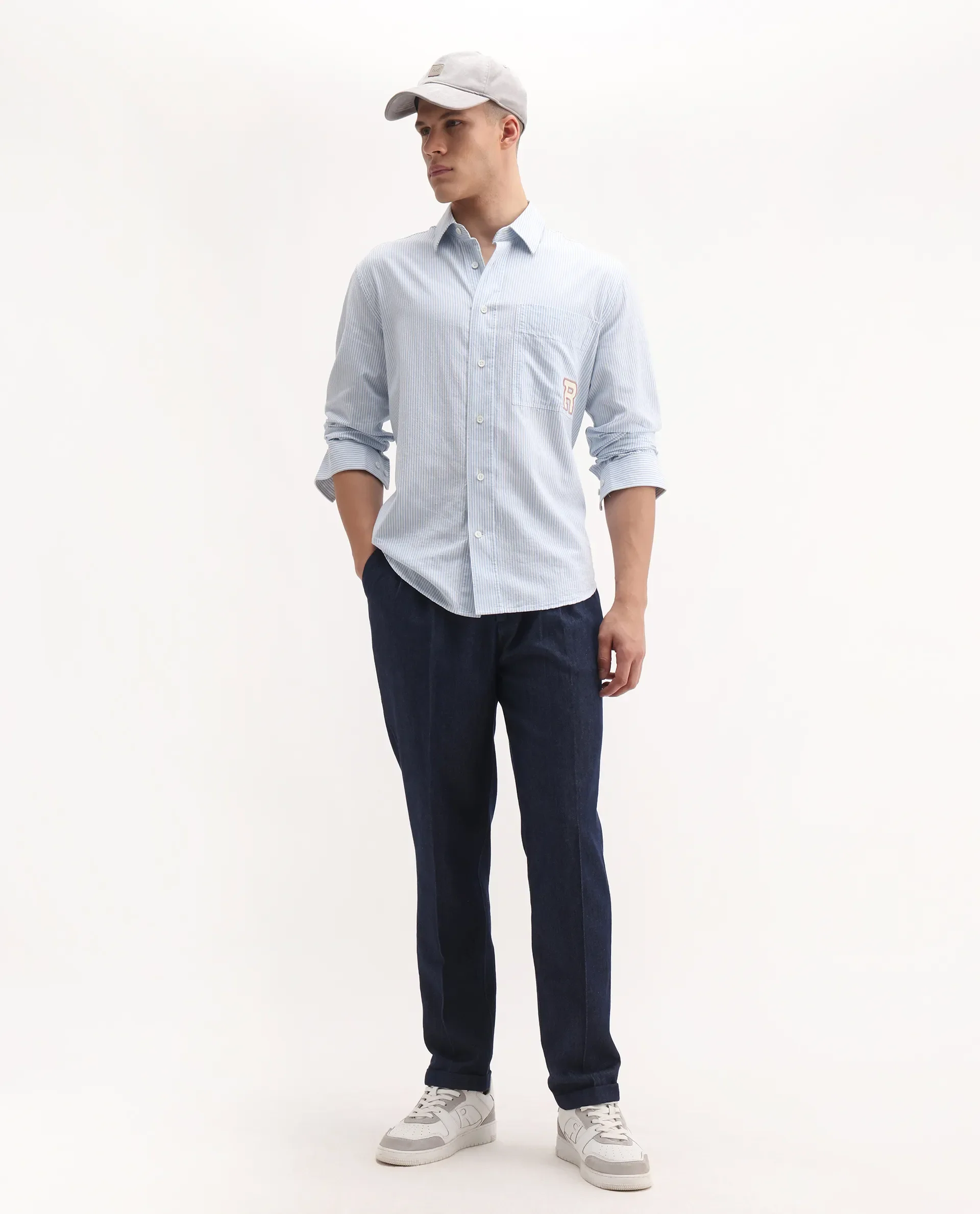 Rare Rabbit Men's Leni Blue Cotton Blend Plain Baggy Fit Trouser