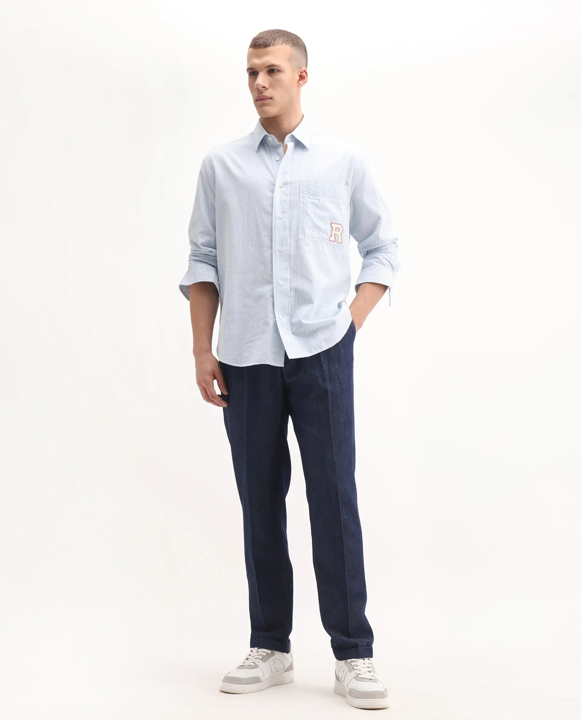 Rare Rabbit Men's Leni Blue Cotton Blend Plain Baggy Fit Trouser - Image 4