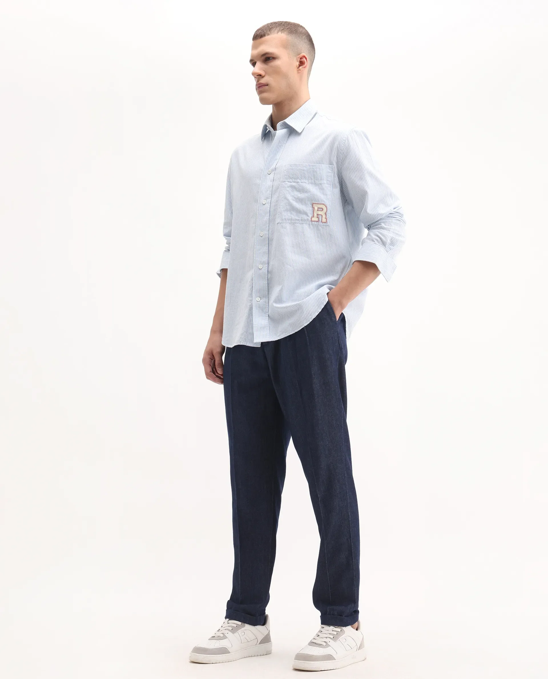 Rare Rabbit Men's Leni Blue Cotton Blend Plain Baggy Fit Trouser - Image 5