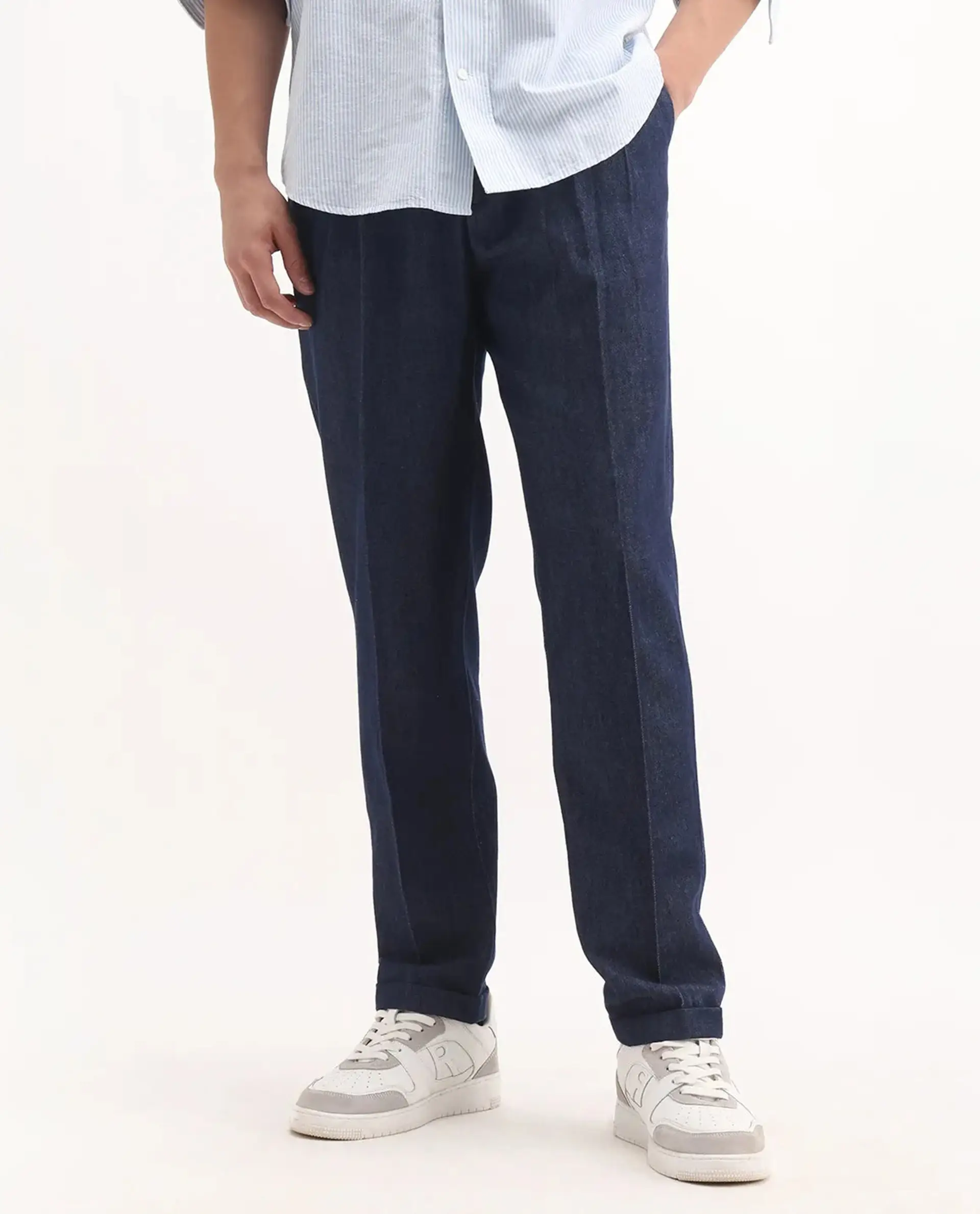Rare Rabbit Men's Leni Blue Cotton Blend Plain Baggy Fit Trouser - Image 9
